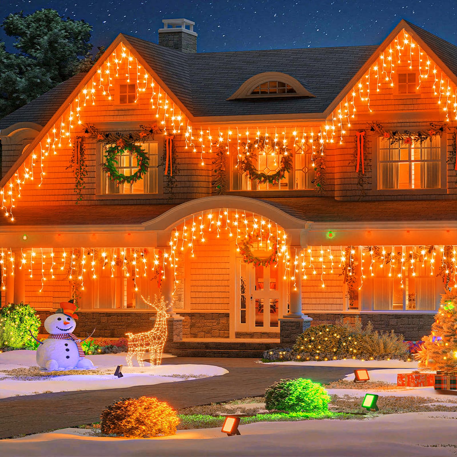 Einiiya Orange Icicle Lights 66ft 640LED, Waterproof with 8 Modes, Perfect for Halloween and Holiday Decorations