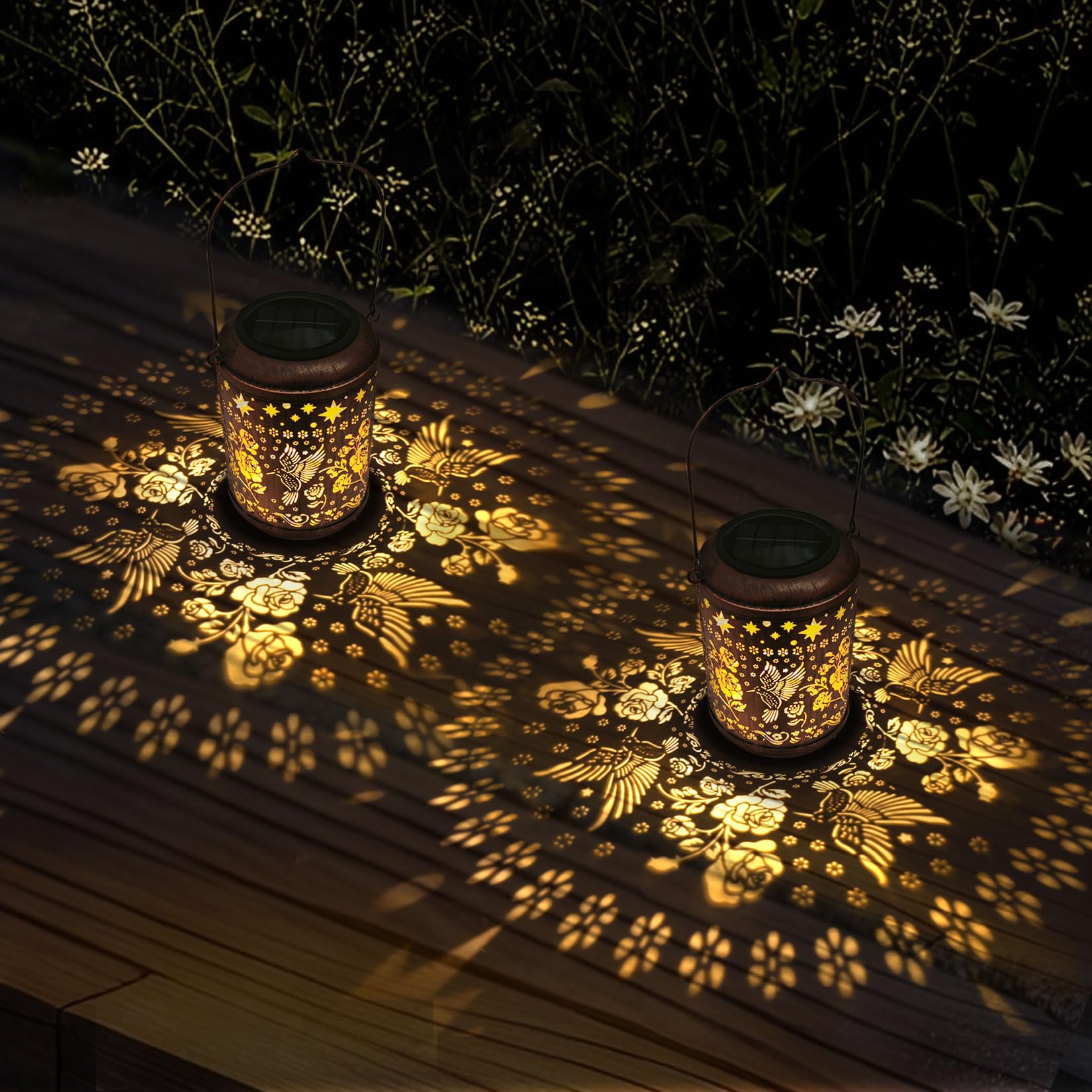 Kaixoxin 2 Pack Solar Garden Decor Metal Lantern Hummingbird Table Lamp Bronze Outdoor Dercoration Great Gift for Women Mon Gran