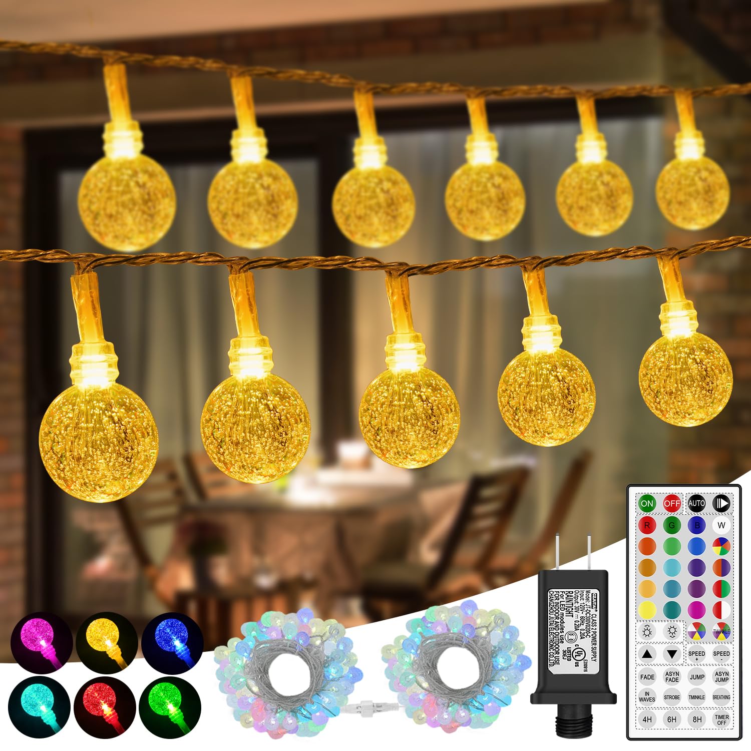 OMIKA Globe Outdoor String Lights Plug in, Connectable 66ft 120LED Crystal Ball Lights Waterproof Remote, 24 Colors Decorative Lights for Patio Umbrella Tent Garden Eaves Party Indoor Christmas Décor