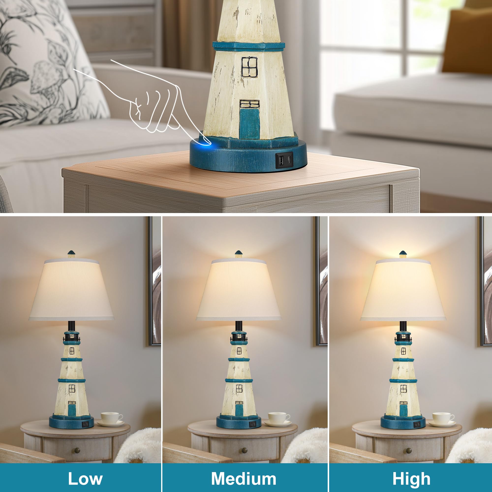 WIHTU Table Lamps Set of 2, Touch Control, 3-Way Dimmable, USB Ports, Modern White Blue, Bulbs Included, Model WTLP171BL2