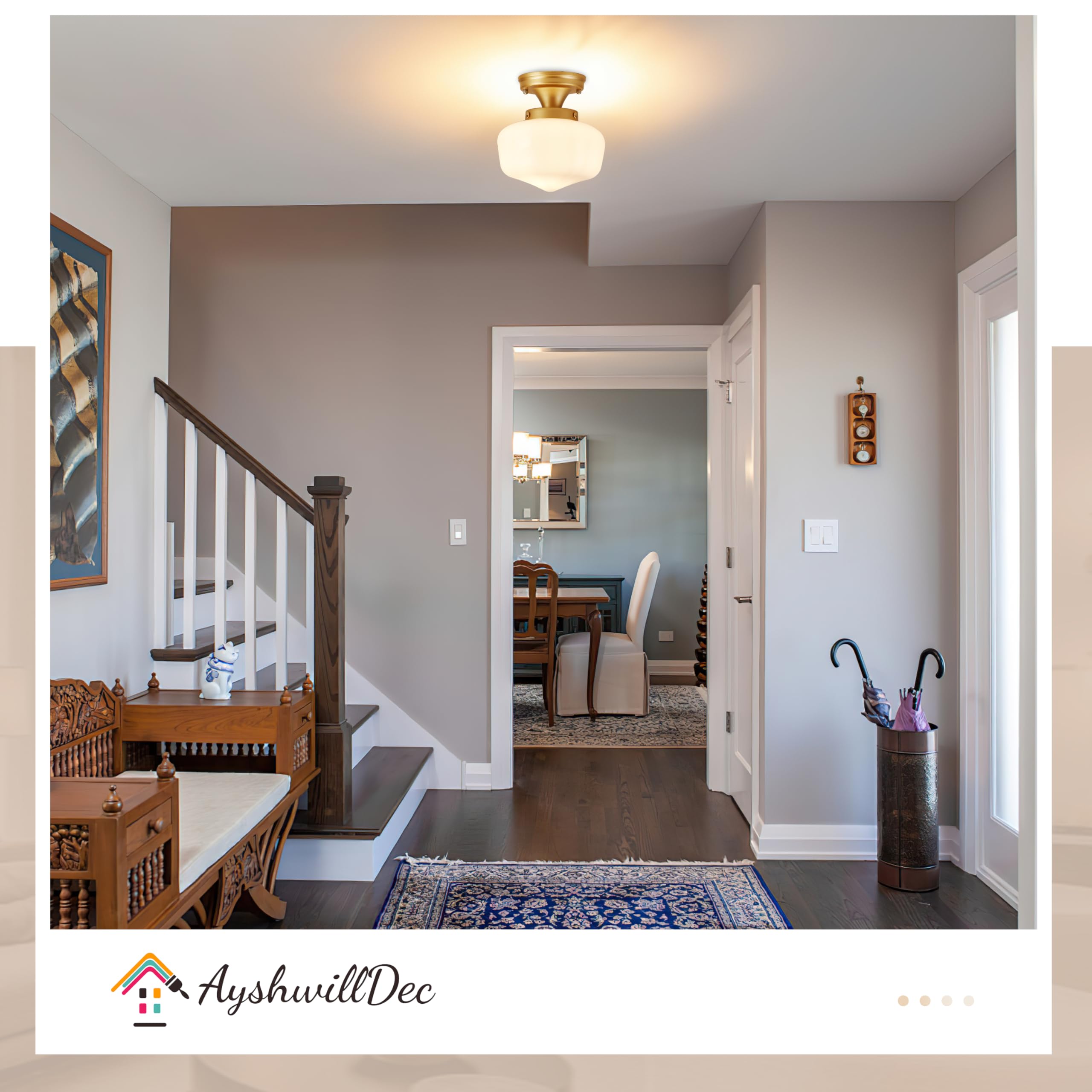 AyshwillDec Brass Ceiling Light Fixture, 8in Mid Century Design, Milk Glass, Semi Flush Mount, 8 Inch Gold, Model: meishi-210