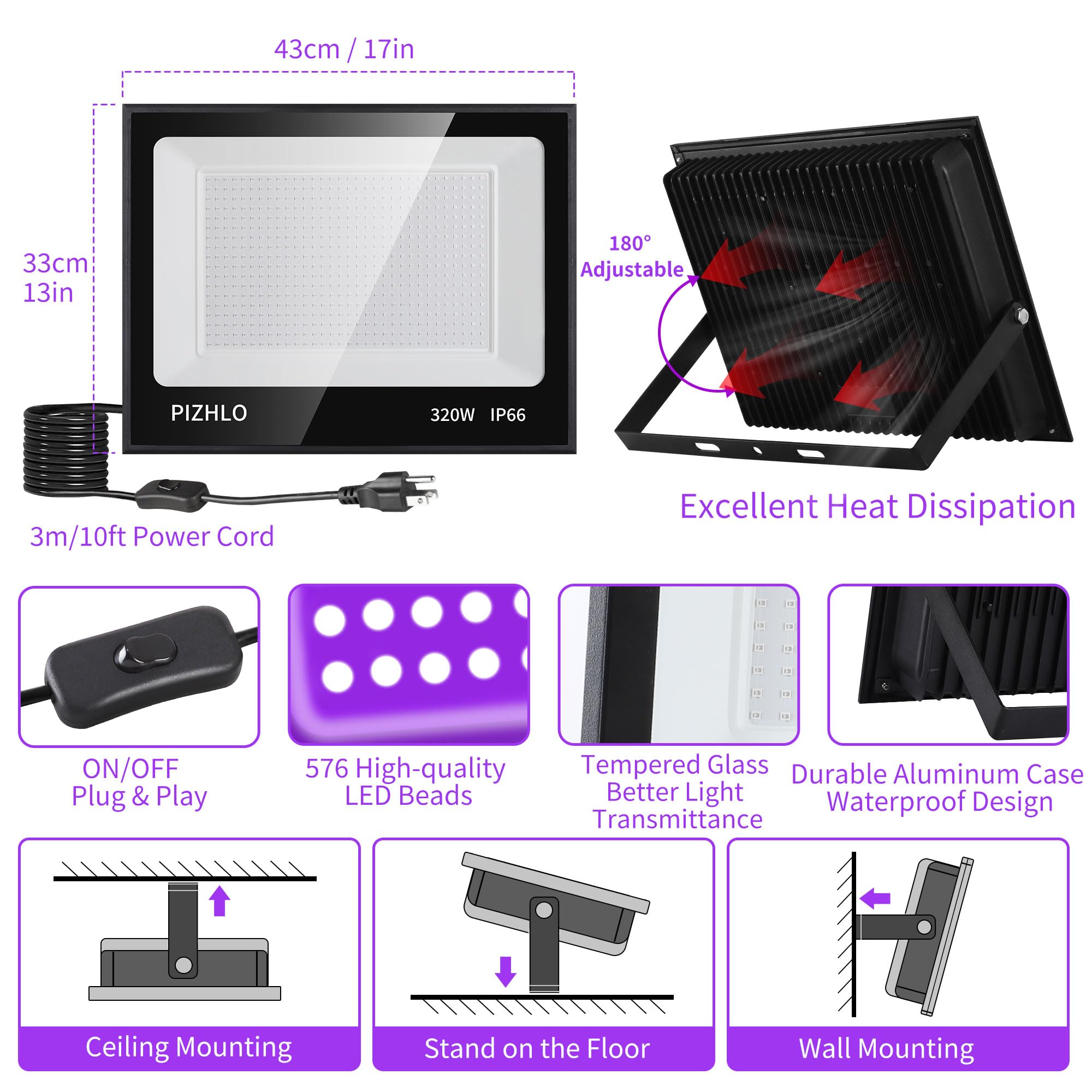 PIZHLO 320W LED Black Light Floodlight, IP66 Waterproof, 2 Pack, for Halloween, Body discomfort-reducingt, Neon Glow, Black