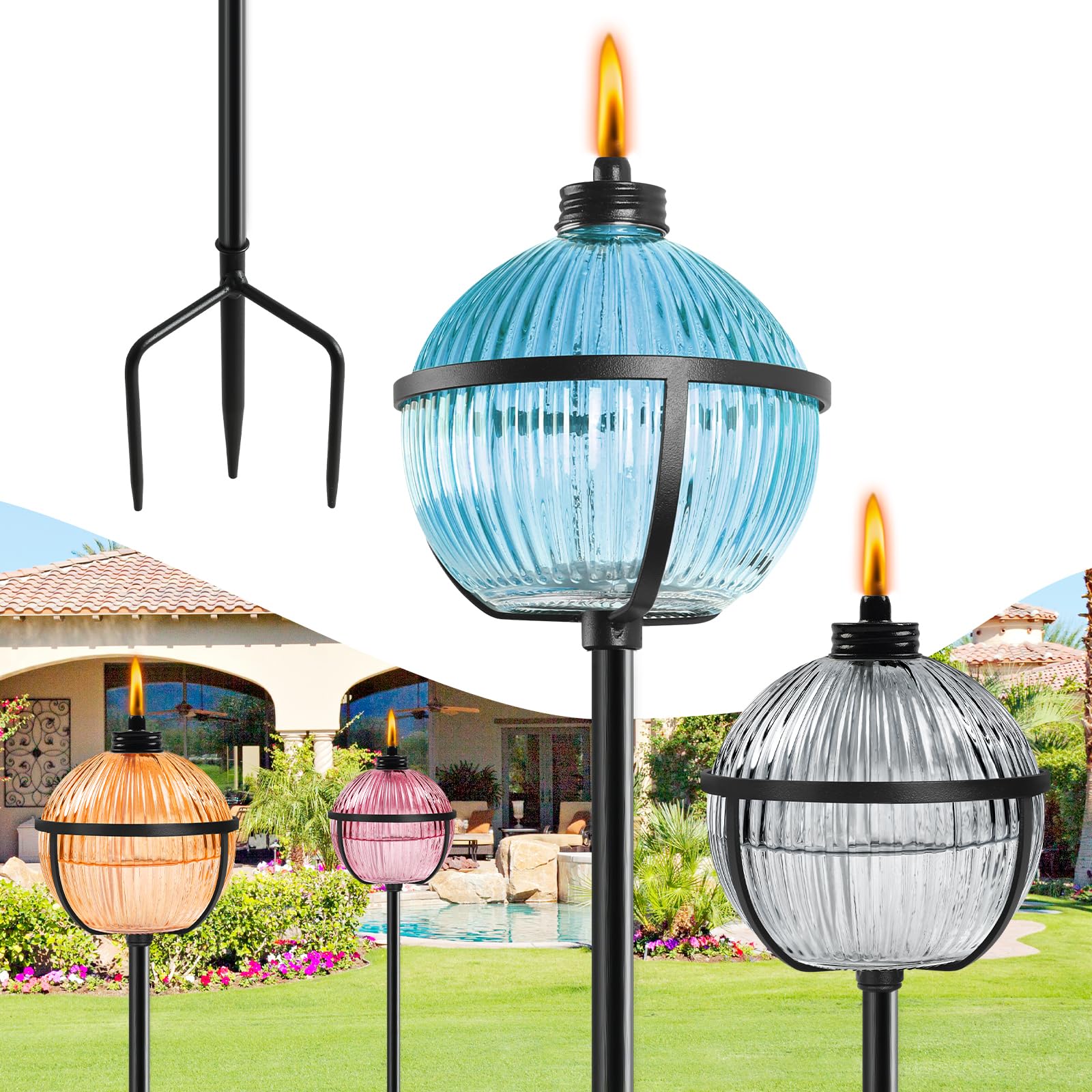 Falbawr Citronella Torches Set Of 4 - 16 Oz Glass Outdoor Lanterns With 3-Prong Stake,