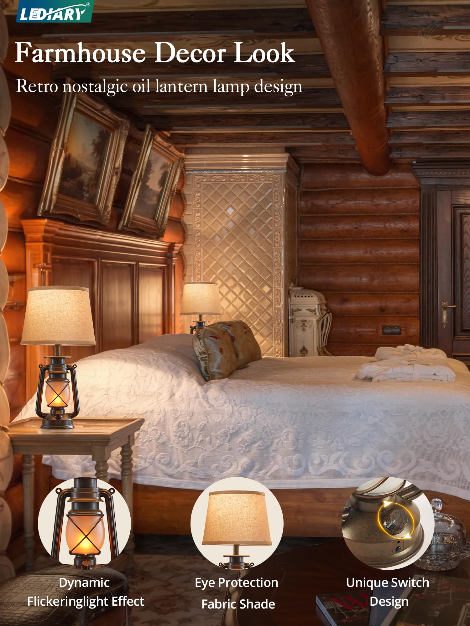 LEDIARY 18.72" Blow-Controlled LED Lantern Table Lamps, Set of 2, Rustic Bronze for Bedrooms and Living Rooms