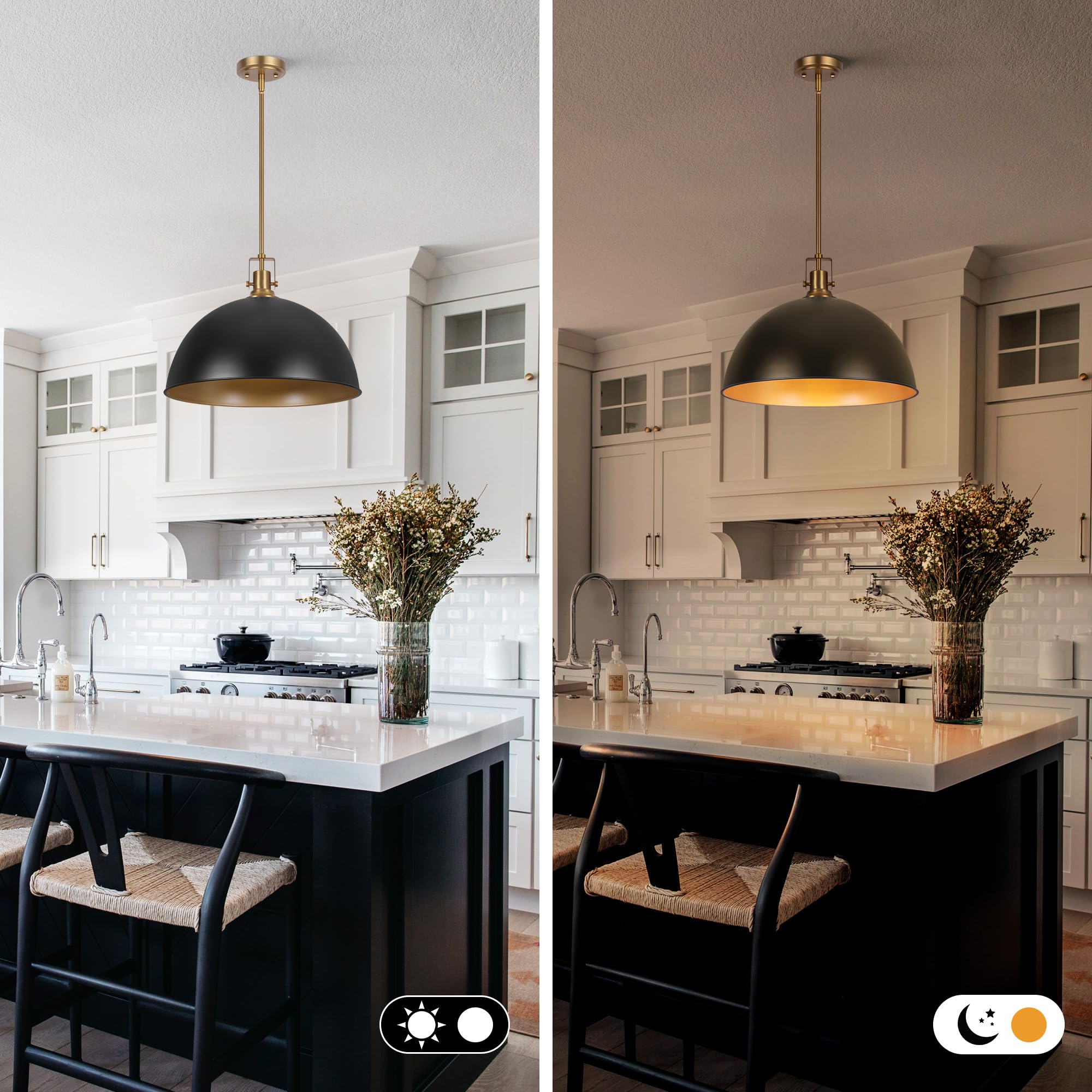 LamQee 18" Black and Gold Pendant Light Fixture, Metal Dome Chandelier for Kitchen Island, Dining Room, Bar, Hallway, Model 06FTL0319
