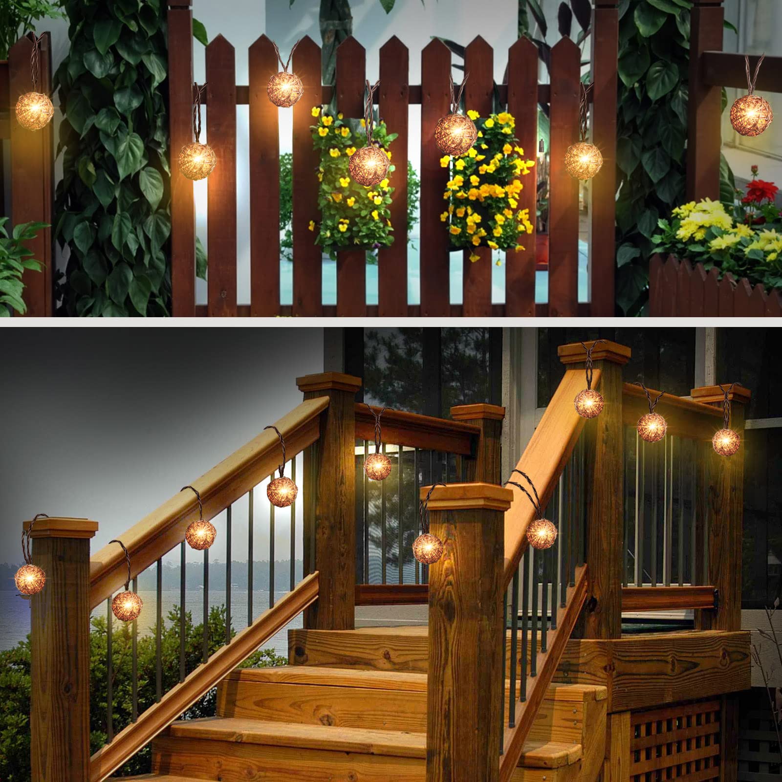 Rattan Christmas String Lights, 10 Counts Mini Natural Globe Rattan Ball, Wicker Lights For Patio, Wedding, Garden, Party, Home Decor, Indoor Outdoor Use, 7.92Ft (Rattan + Brown Cord)