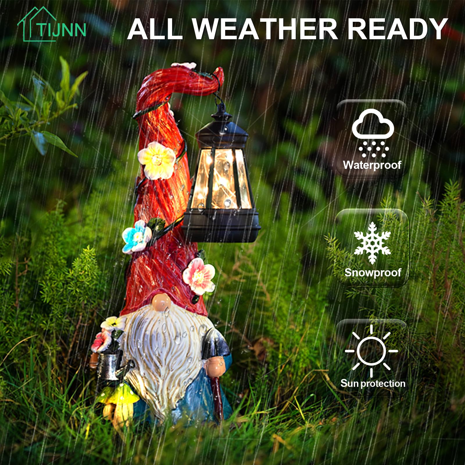 TIJNN Solar Garden Gnome Statue with Lantern, 12in Resinous Dwarf Gardener Decor, Gnome Gardener Model TIJDX-001