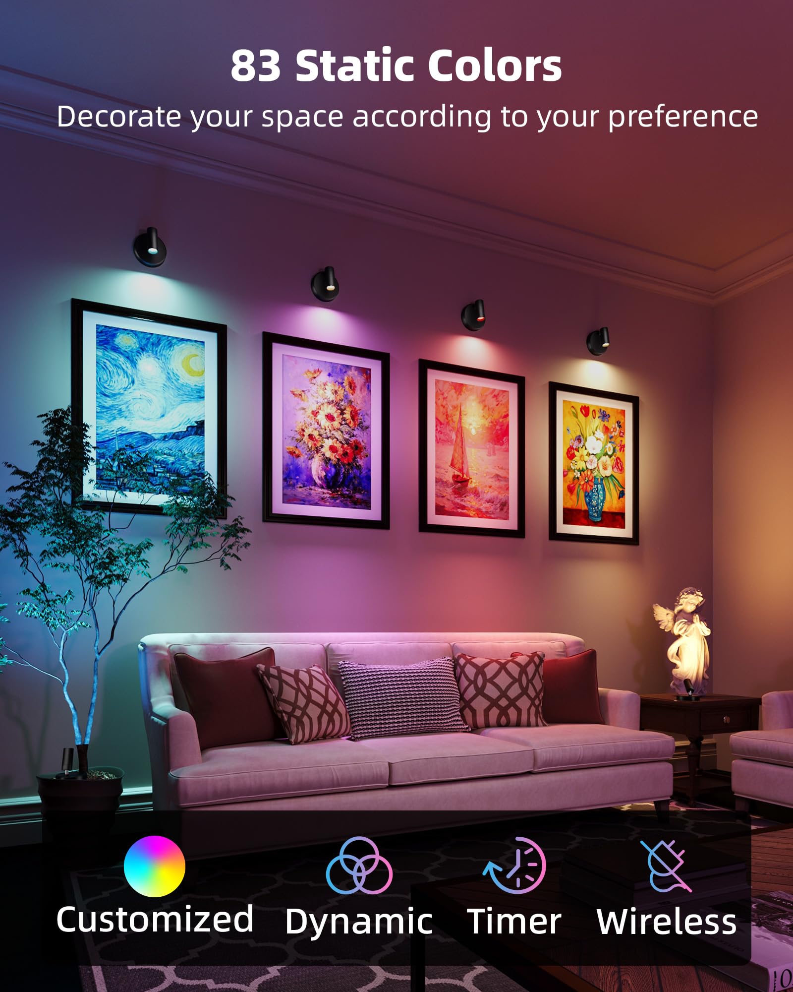 EZVALO RGB Spotlights Indoor, 2Pack Black, 5500mAh Rechargeable, DIY Mode, Wireless Accent Lighting, Model EZL2407A
