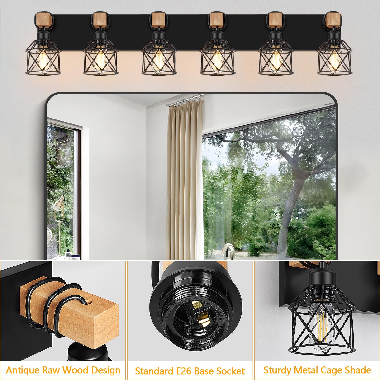 FadimiKoo 6-Light Farmhouse Bathroom Vanity Lighting, Rustic Black Wood & Metal Sconces, XLZ-6 Model for Bedroom, Living Room, Hallway