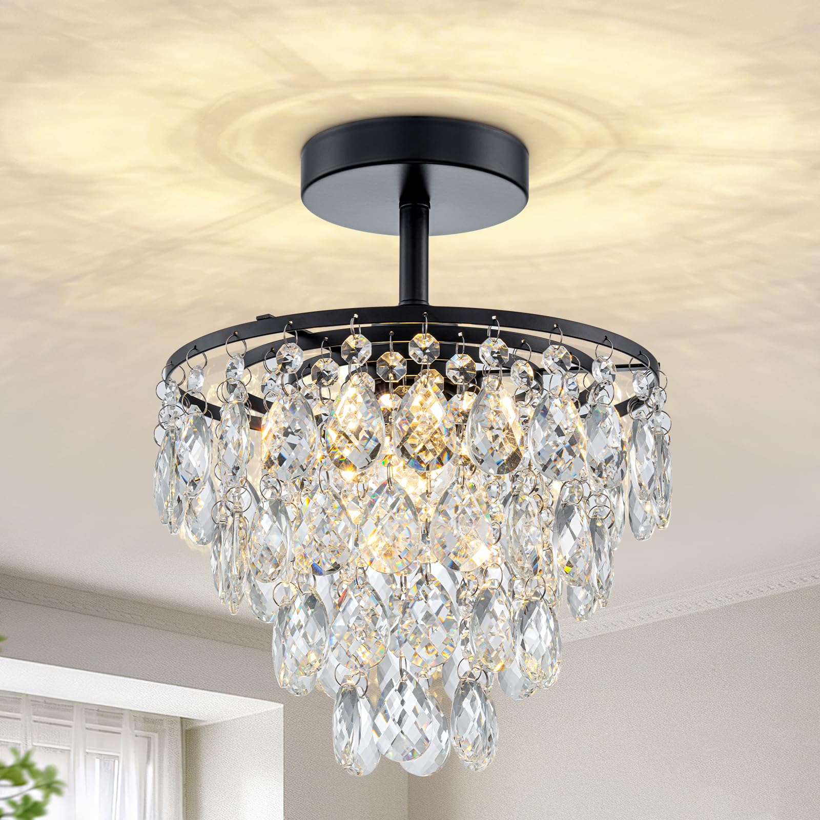 CXGLEAMING Black Chandelier Flush Mount Light Fixture Modern Crystal Chandelier Bathroom Ceiling Lights for Bedroom Kitchen Laun