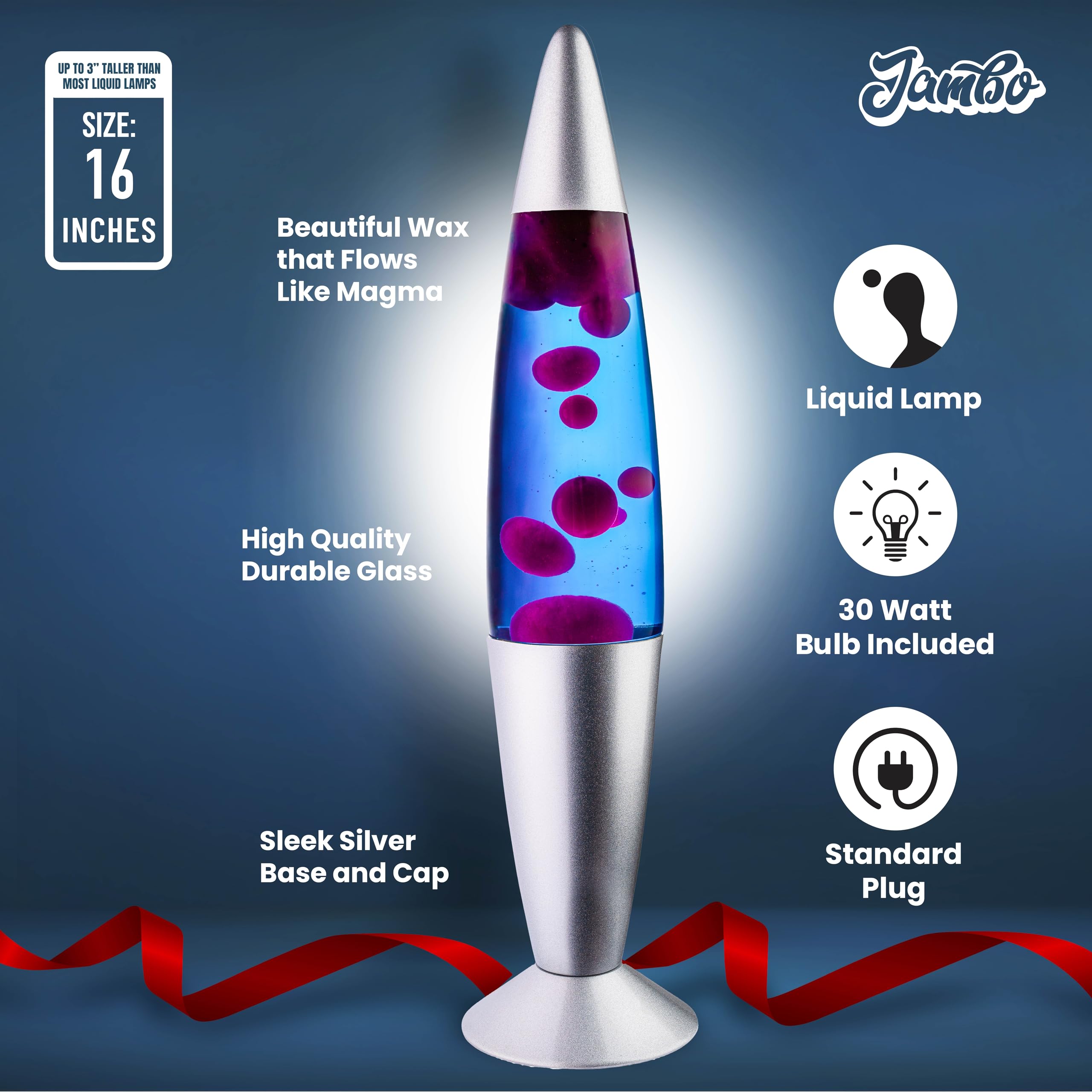 Jambo 16-Inch Magma Lamp, Blue Liquid & Purple Wax, Aluminum Base, Model 55002, Relaxing Night Light for Home & Office Decor