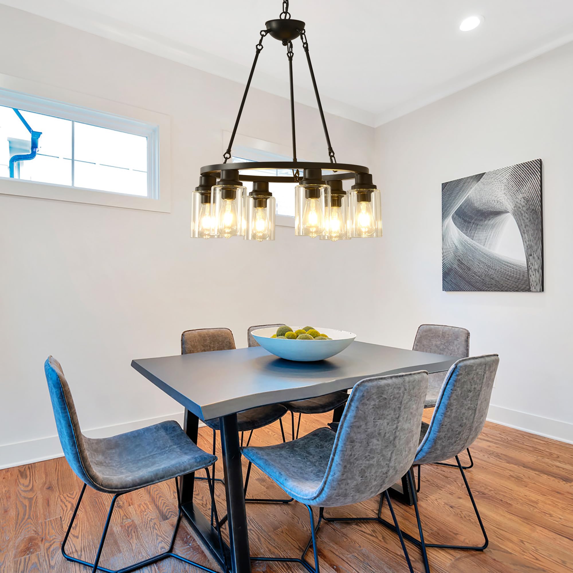 Jtyp 24&quot; Black Wagon Wheel Chandelier, 6-Light Farmhouse Pendant Light For Kitchen & Living Room