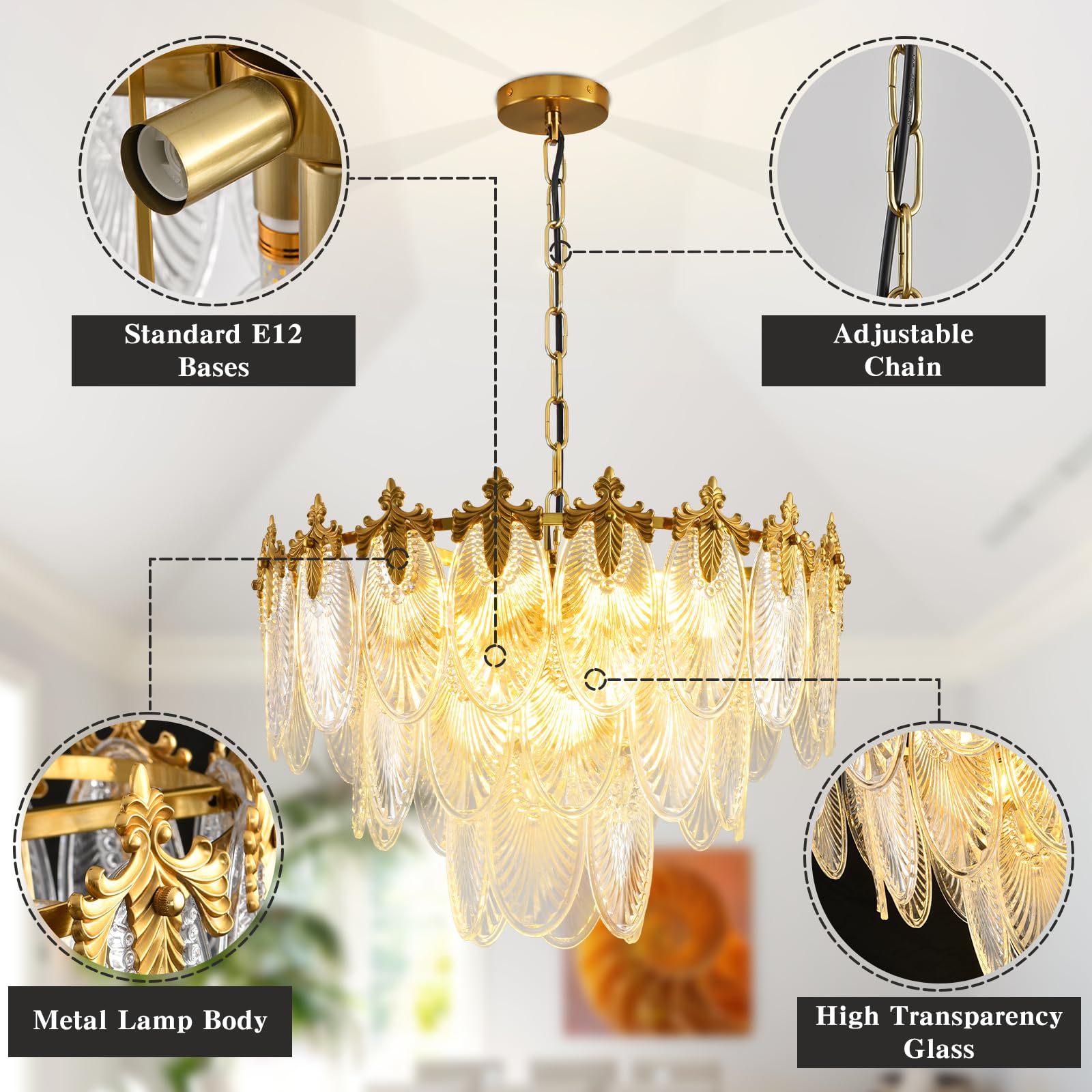 Antique Chandelier 3-Layer Crystal Glass Chandeliers, 9-Lights Round Pendant Light 23.6'' Brushed Brass Gold Adjustable Height,