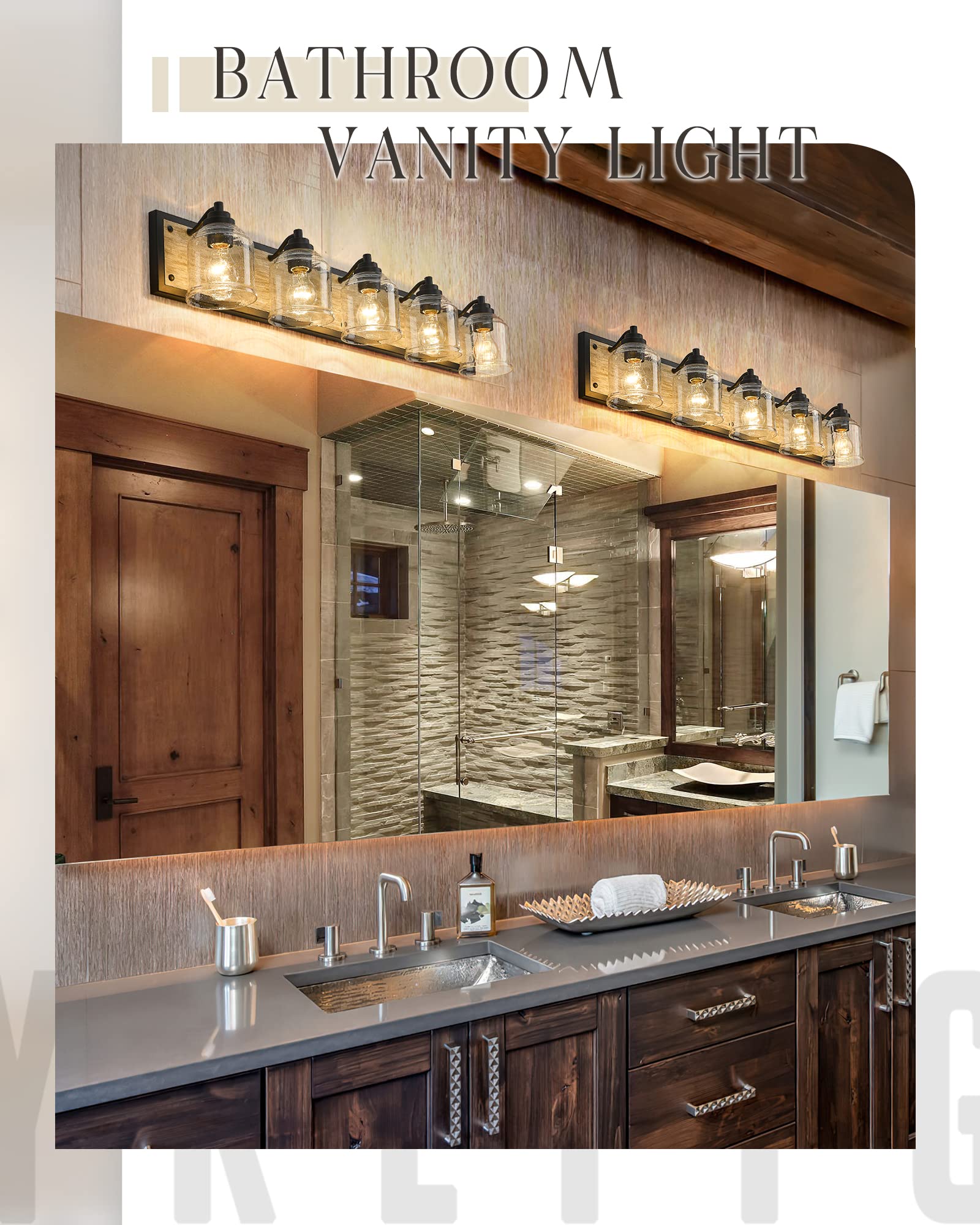 40" Large Farmhouse Bathroom Vanity Light,Handmade Grey Wood Vanity Light With Bubble Glass Shades,5-Light Rustic Wall Sconce Lighting Fixtures Over Mirror, Bd005-5-Bk