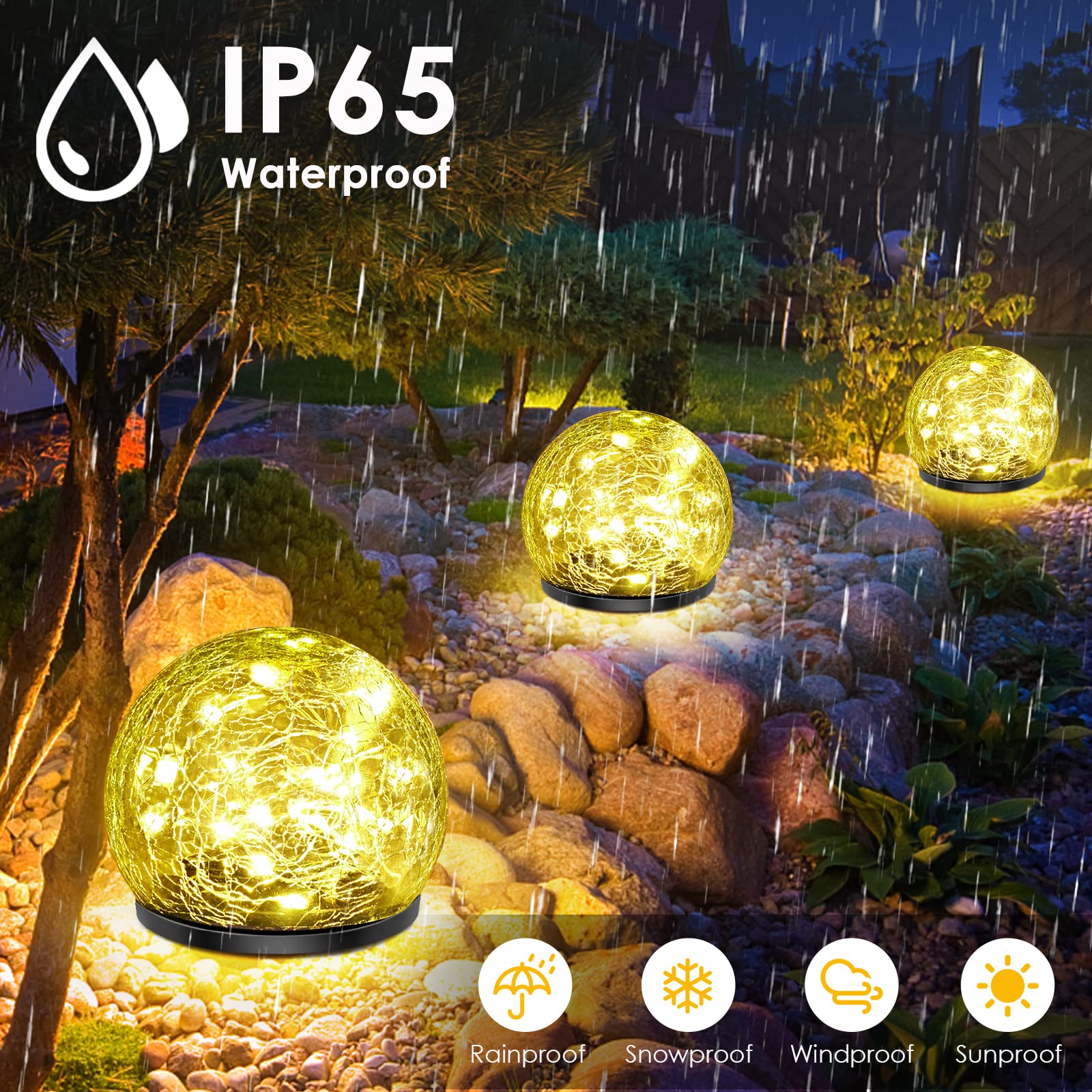 Keevvon Solar Garden Lights, 2 Pack 80 Led Cracked Glass Solar Globe Lights Outdoor Decoration, Upgraded Waterproof Warm White Ball Lights For Yard Pathway Patio Lawn Christmas Outside Decor, 5.9&quot;