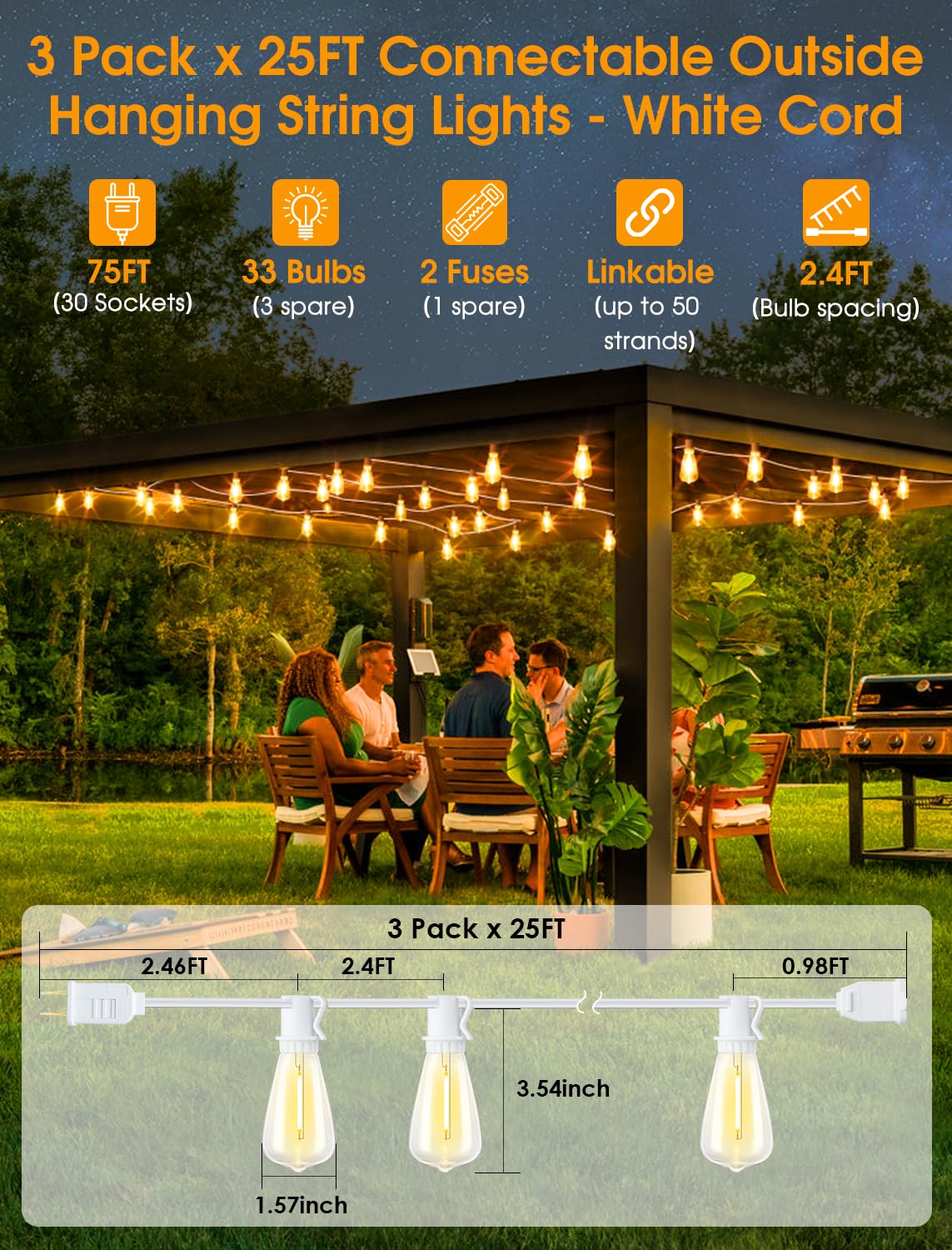 Larkvue Outdoor String Lights, 75FT, 30+3 Dimmable LED ST38 Bulbs, Waterproof, White, Model GLS-20J2P-E17-ST38-15