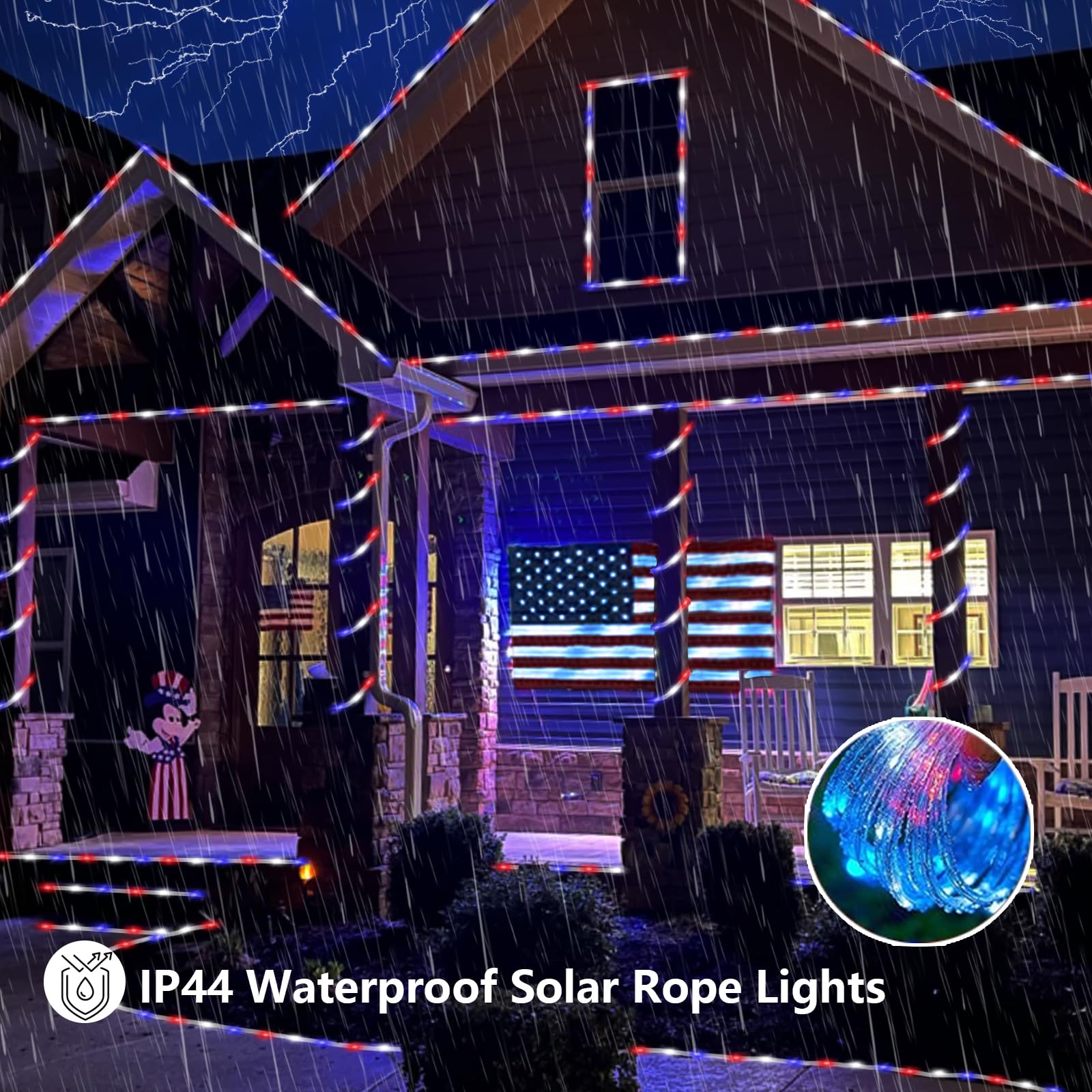 Yeguo 4Th Of July Decorations Red White And Blue Lights, 2 Packs Each 33Ft 100 Led Solar Rope Light With 8 Modes For Patriotic I
