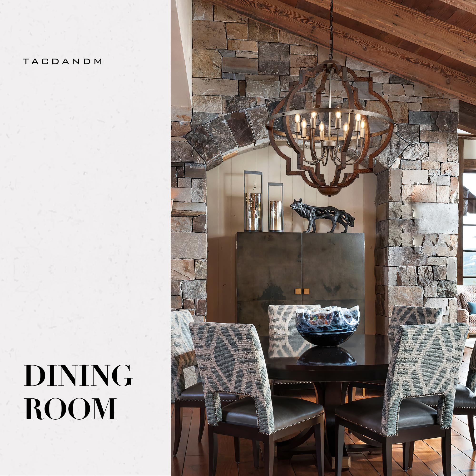 TACDANDM 31.5'' 8-Light Rustic Farmhouse Chandelier, Oak Brown Wood & Metal Pendant Light for Dining Room & Hallway, Model DG-011-8