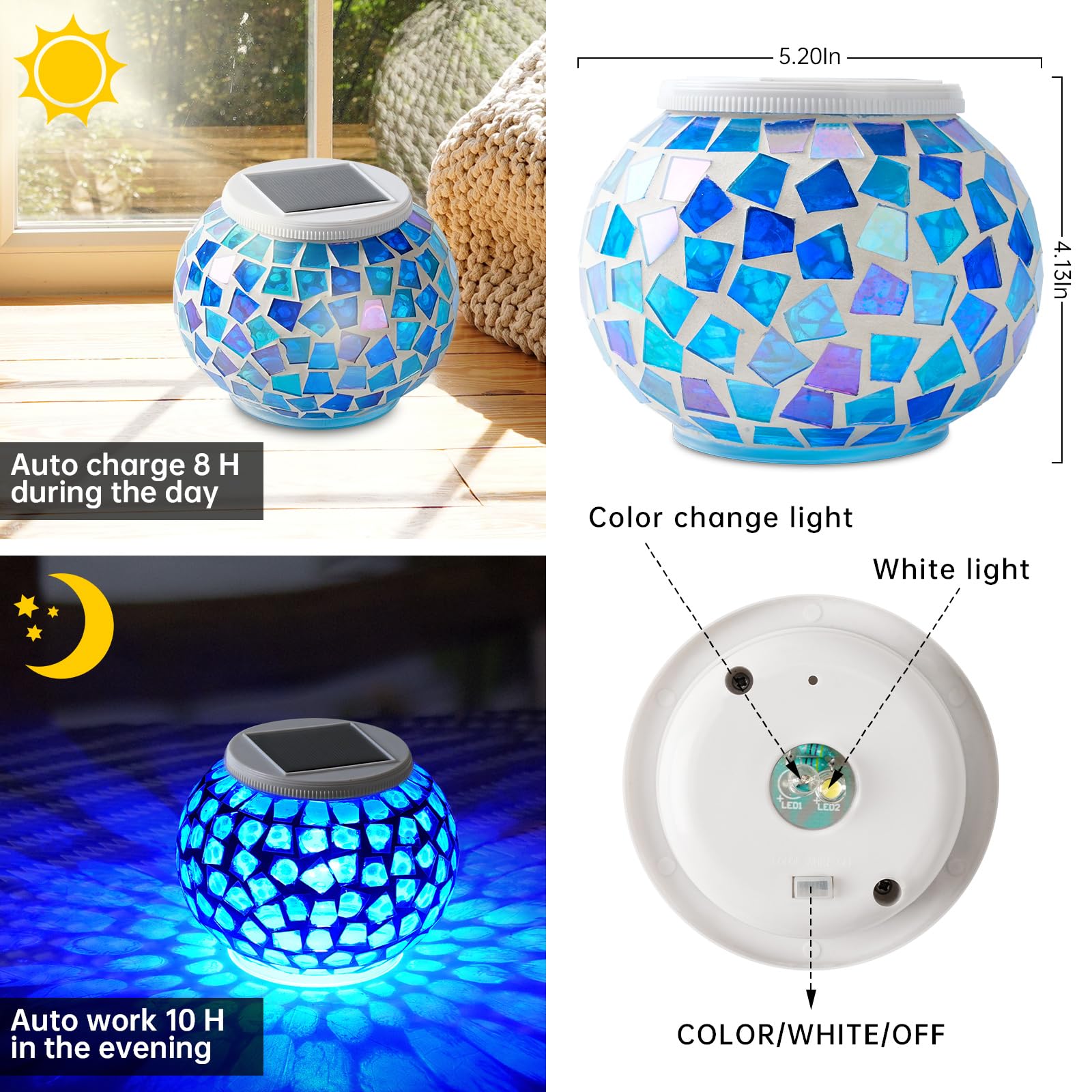 Wsgift Color Changing Solar Powered Glass Mosaic Ball Led Garden Lights Rechargeable Outdoor Waterproof Solar Night Lights Table
