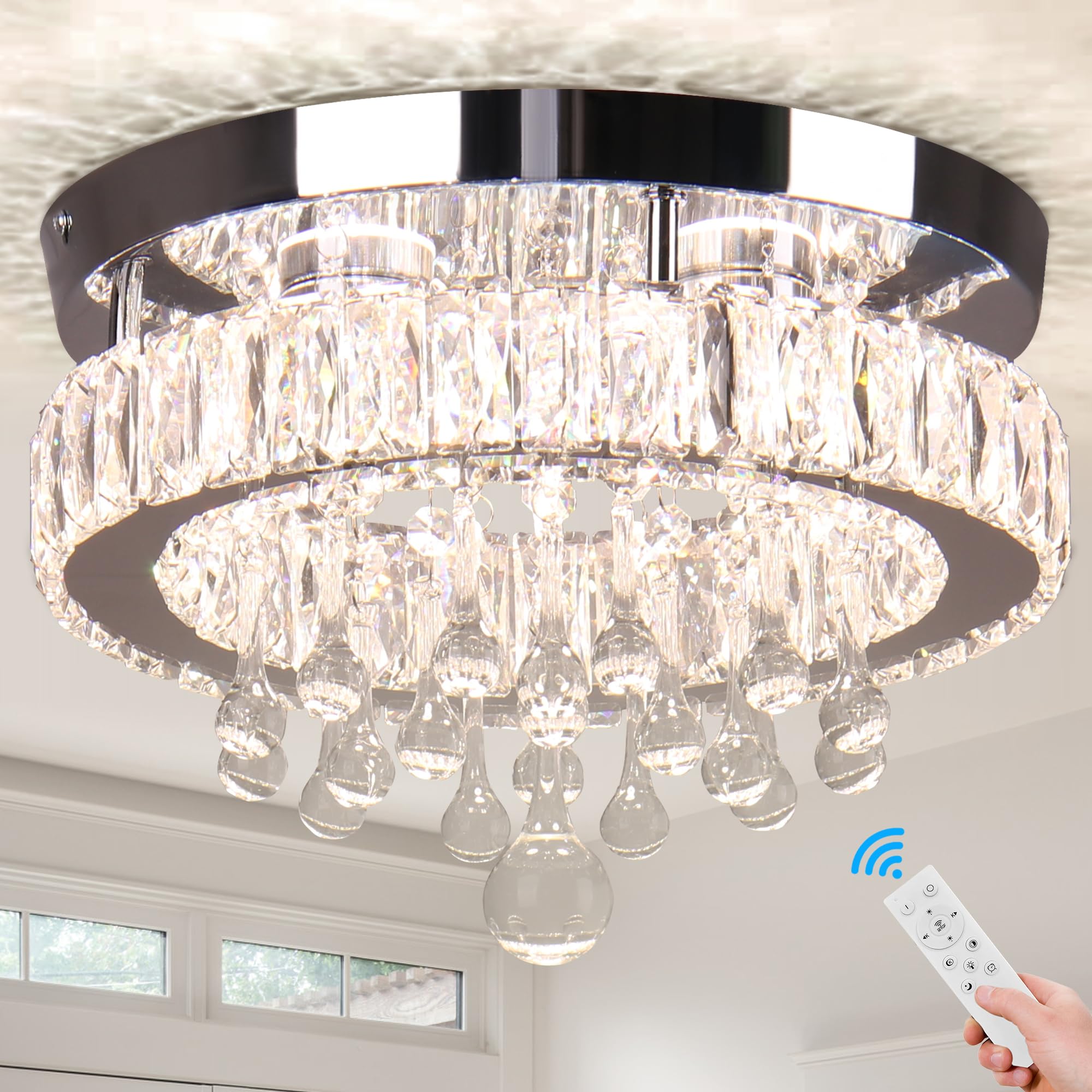Ypqxyhda Dimmable Crystal Ceiling Light,11.8'' Modern Crystal Chandeliers Led Flush Mount Light Fixture For Bedroom Kitchen Dini