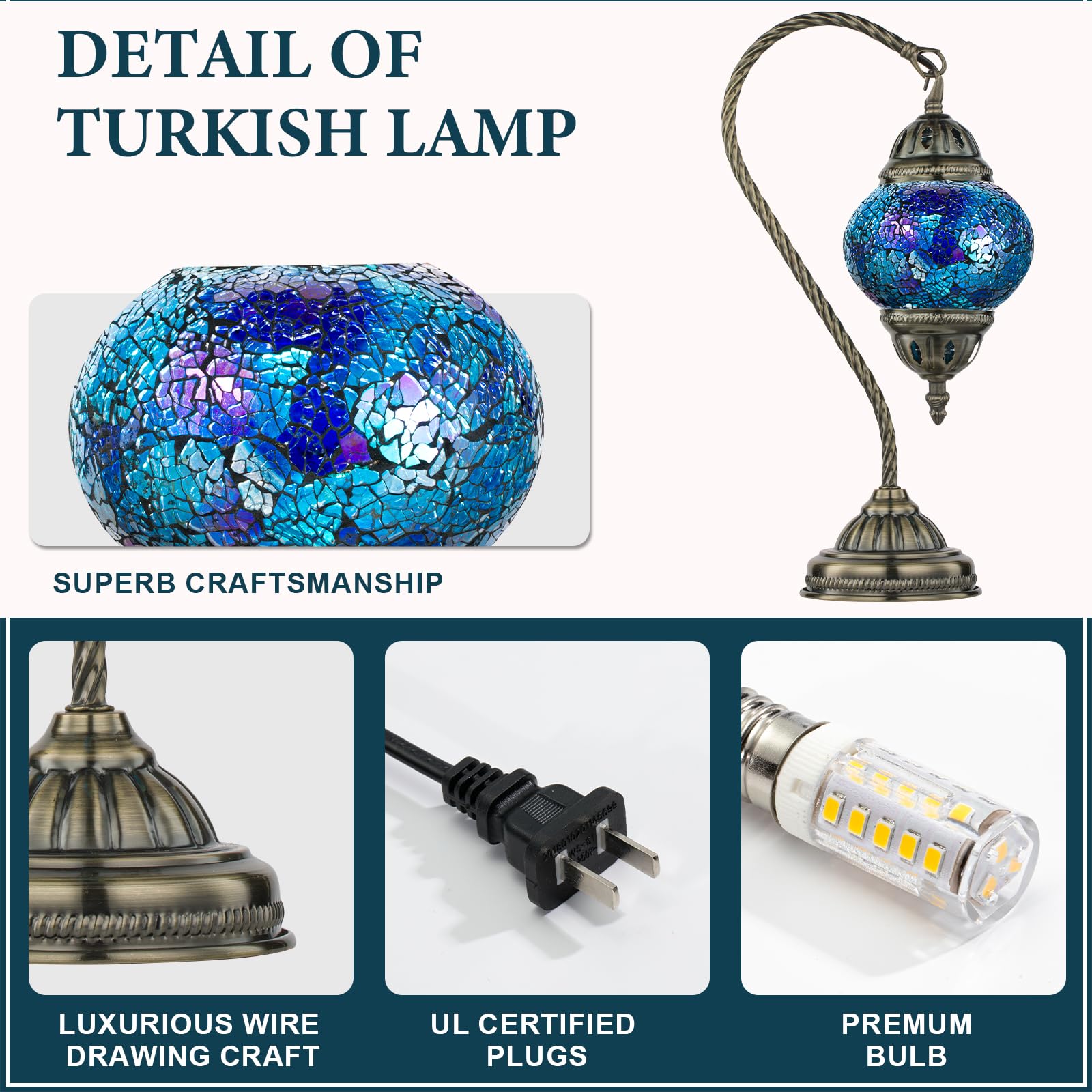 Marrakech Mosaic Glass Table Lamp, Handmade Turkish Design, Swan Neck Bronze Base, LED Bulb Included, Shards Blue