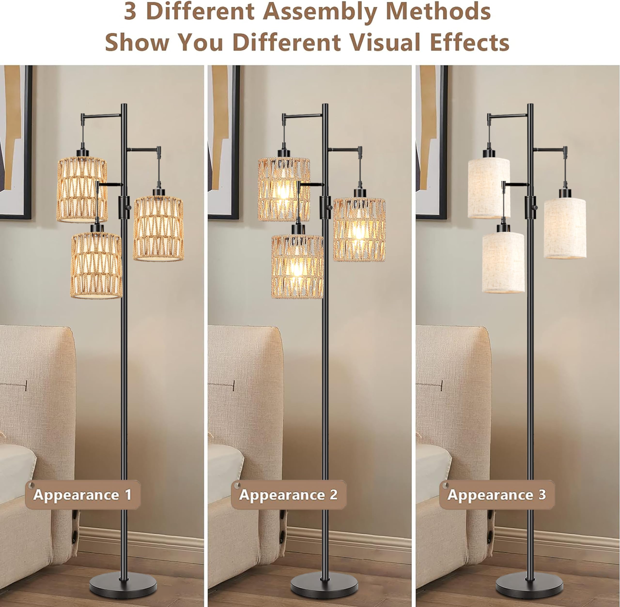 ZECOXOL Boho Floor Lamp - 3 Light Dimmable, Metal, 6.5 Inch, Black, Model 0-01, Rustic Tall Standing Lamp for Living Room, Bedroom