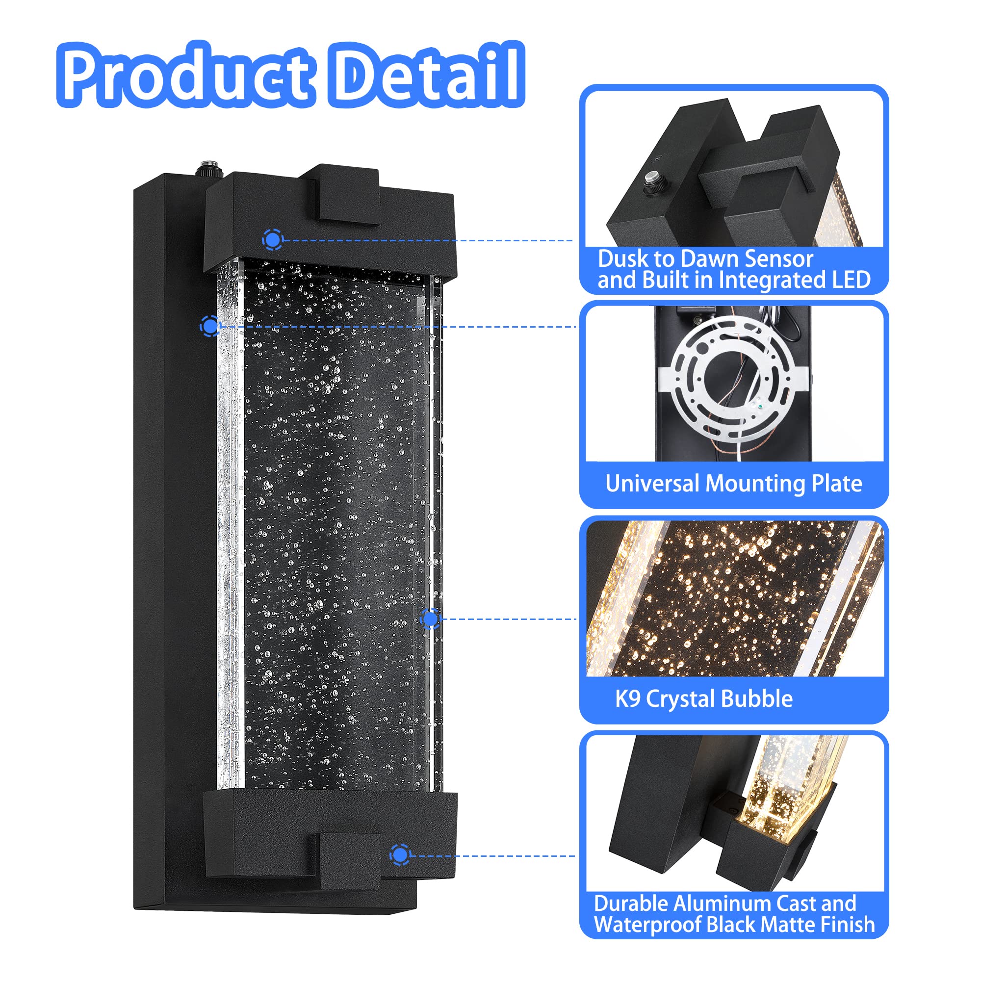 Elimegan Black Wall Sconce - Modern Exterior LED Lantern with K9 Crystal Bubble & Dusk to Dawn Sensor, Model 3ff44680