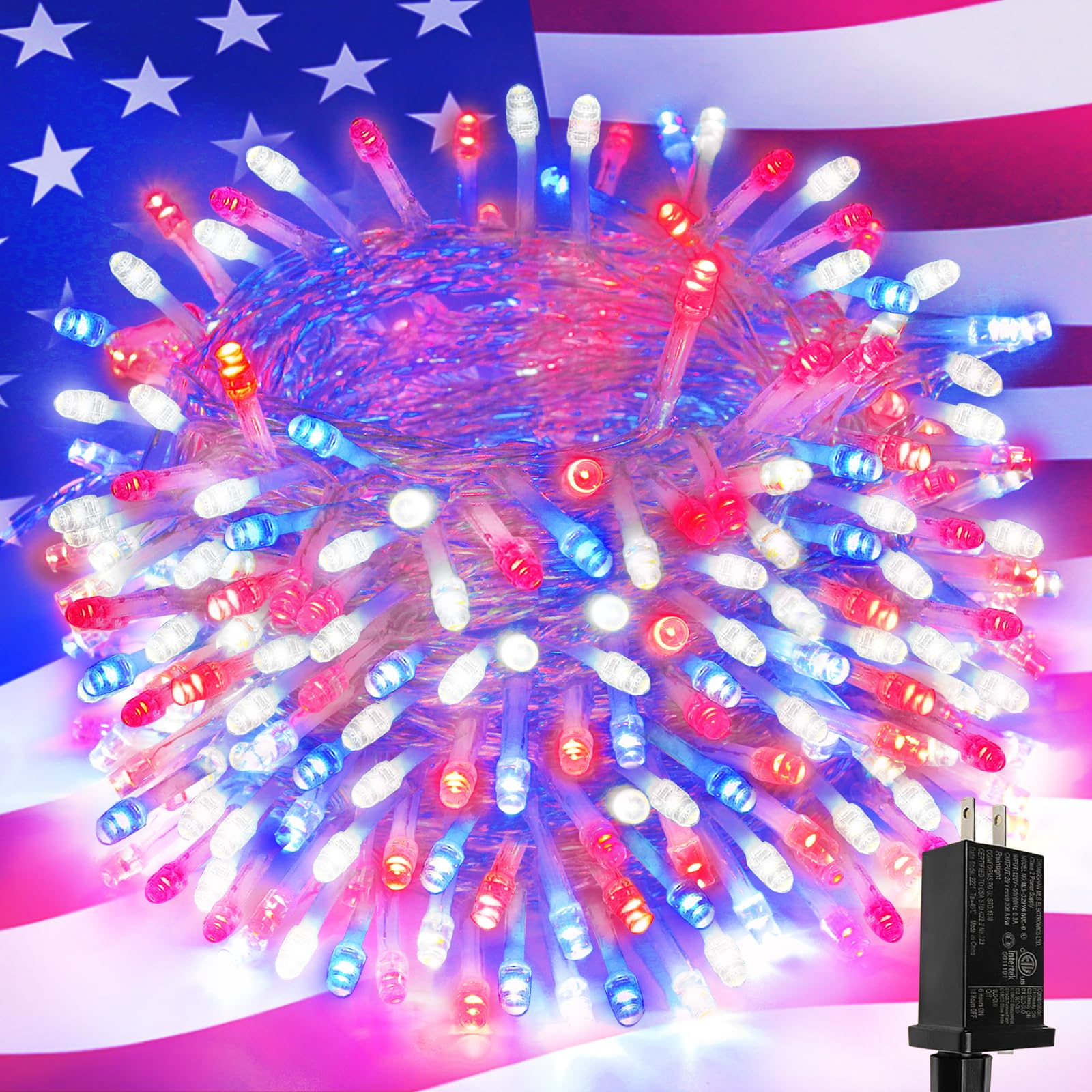 Sanjicha Red Blue White 200 Led 66Ft Christmas String Lights For Outdoor&Indoor, 11 Modes Christmas Tree Clear Wire Fairy Waterp