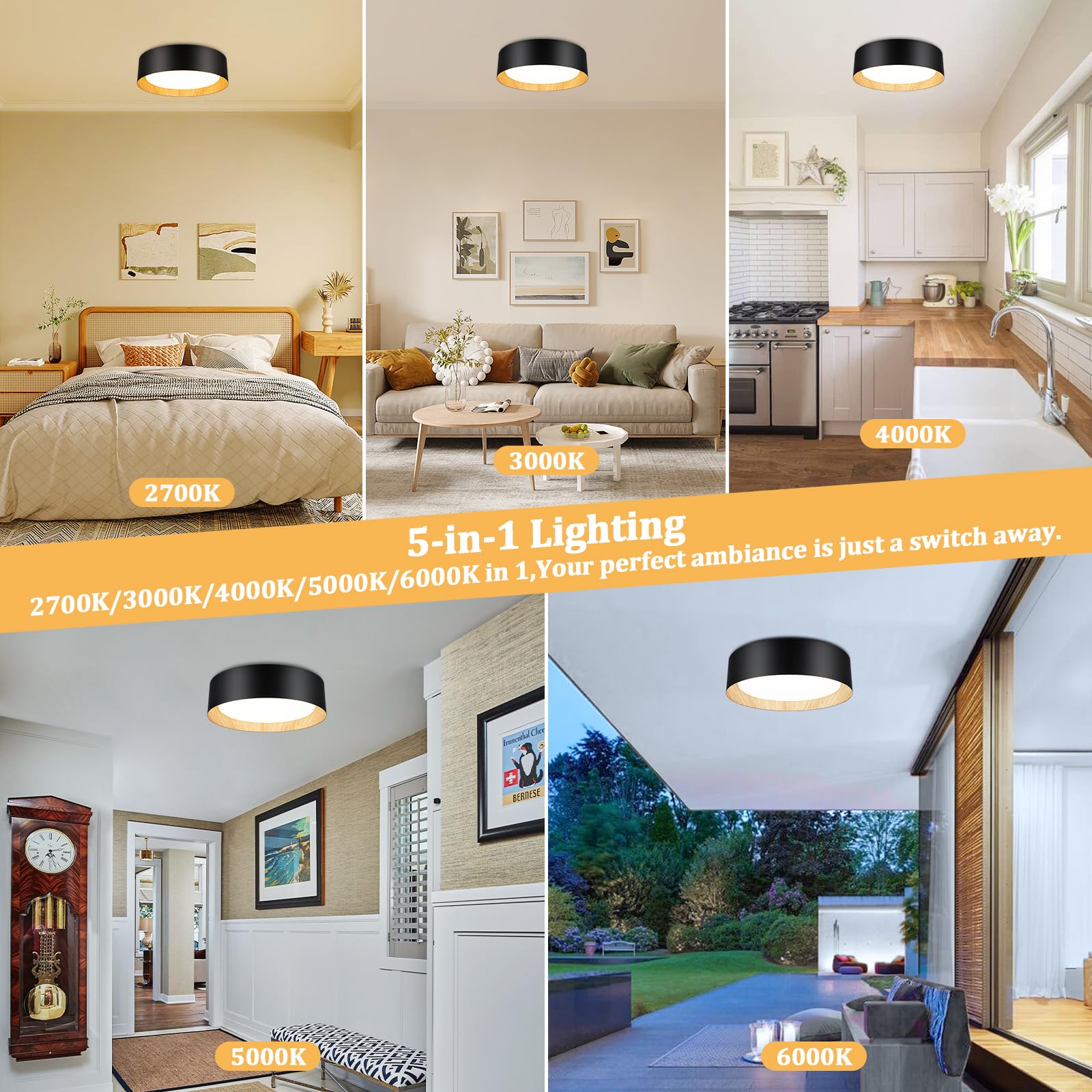 BrightHome Flush Mount Ceiling Light, 13in, 25W LED, Dimmable, Wood Accent, Model BLCL401325WAC-5CCT