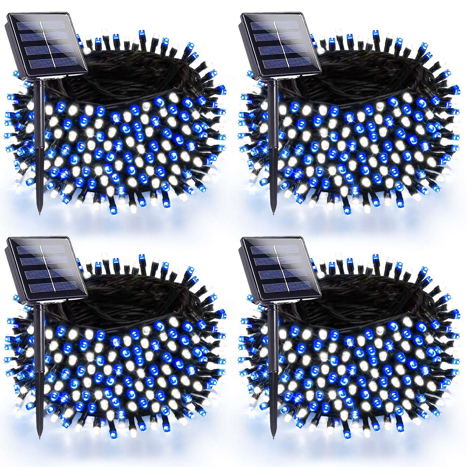 4 Pack 180Ft Solar Christmas Lights Outdoor Waterproof  Super Bright 320 Led Solar String Lights With 8 Lighting Modes  Green Wire Twinkle Tree Light For Outside Xmas Party Decorations(Blue And White)