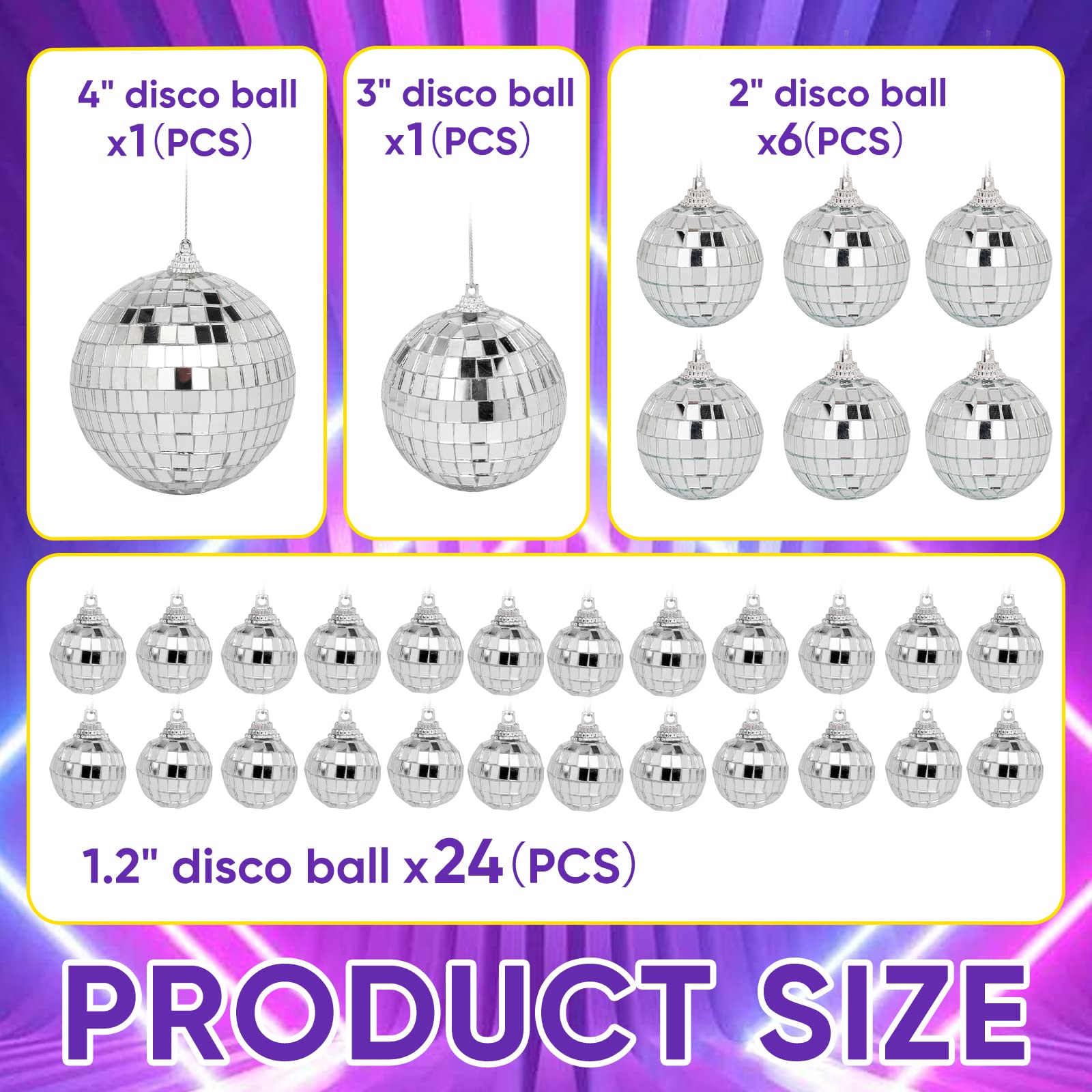 Mini Mirror Disco Ball Decor: 32 Pack Hanging Mirror Ball Ornaments Different Sizes - Small Disco Balls Decorations Bulk For Party Christmas Tree Cake Room Birthday (Silver)