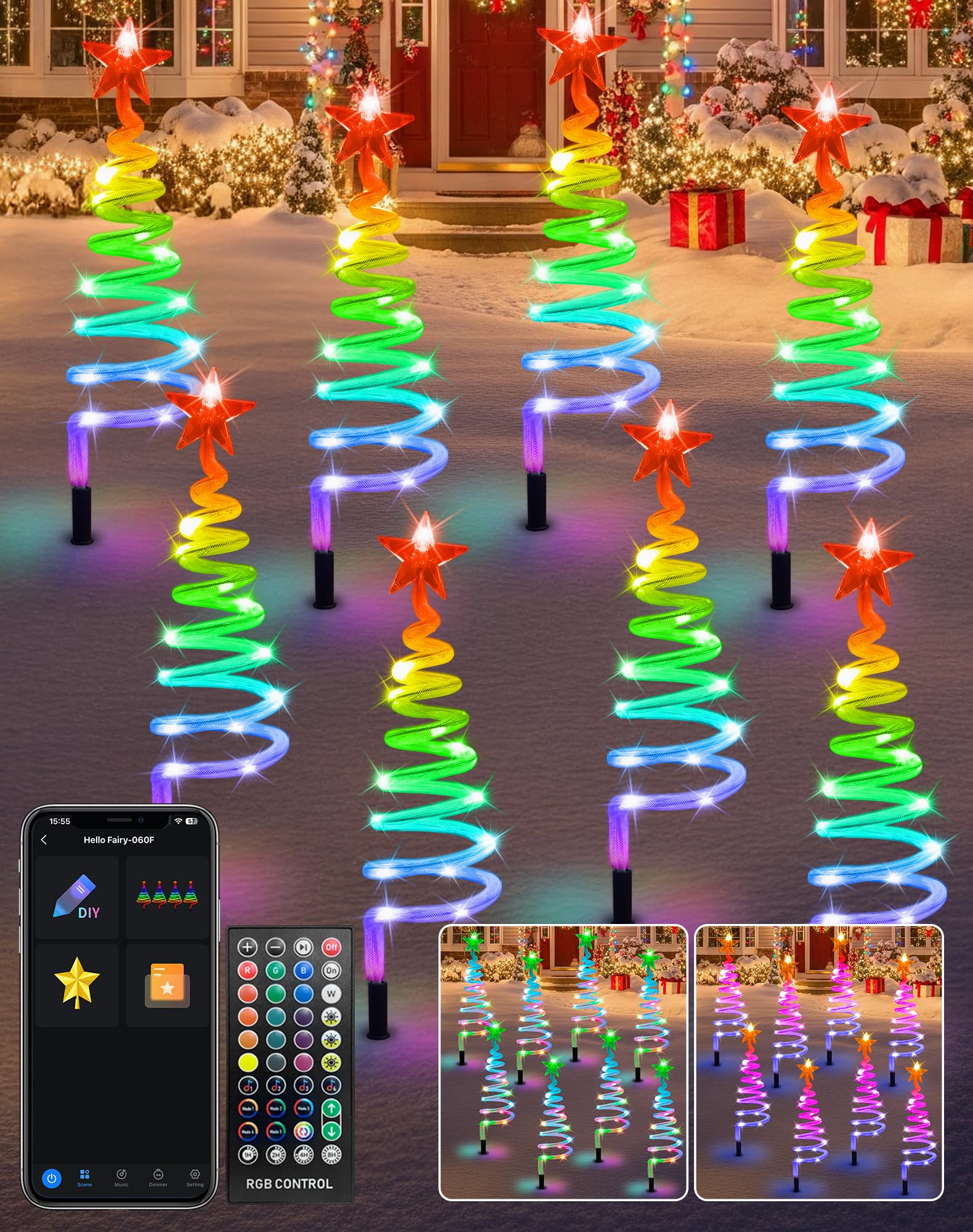8 Pack Smart Christmas Pathway Lights Outdoor APP Control RGB DIY & Scene Modes, Connectable Spiral Tree Lights with Music, Time