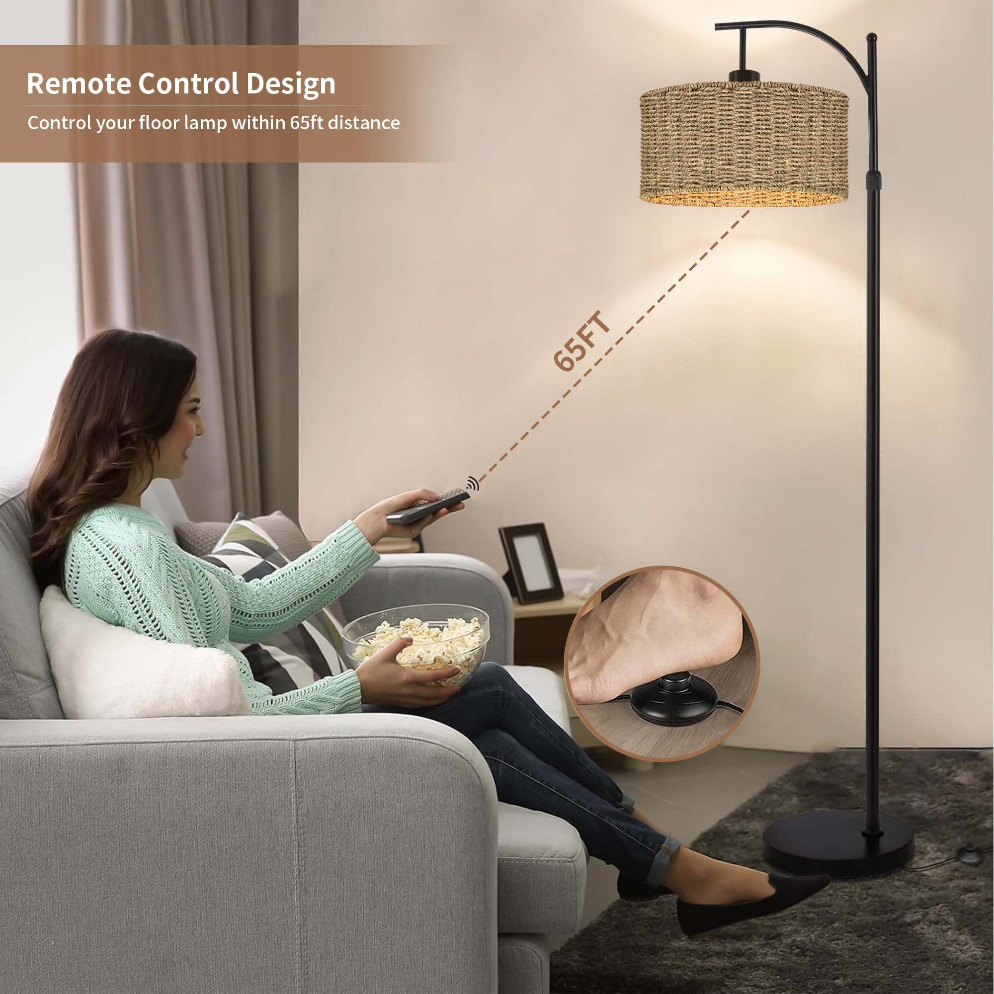 Arc Rattan Floor Lamp For Living Room With Remote,Black Floor Lamps With 3 Color Temperature Dimmable Bulb,Farmhouse Boho Standi