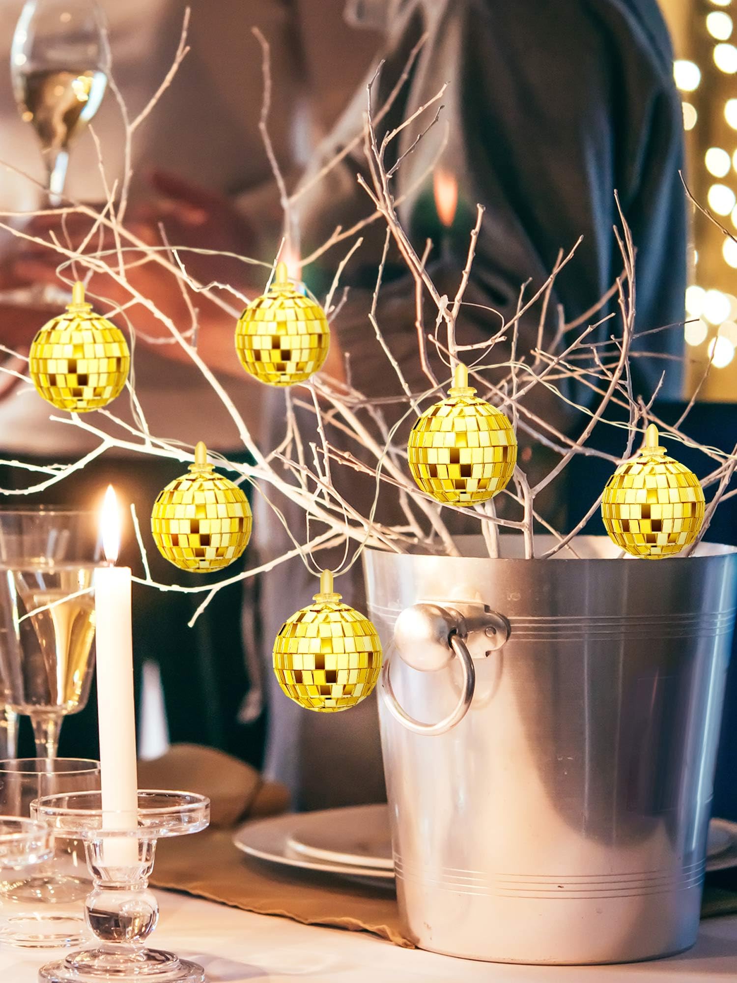 Bbto 10 Pcs Led Disco Ball String Light Battery Powered Mirror Ball Ornaments 70S 80S 90S Disco Party Supplies(Gold,1.57 Inch)