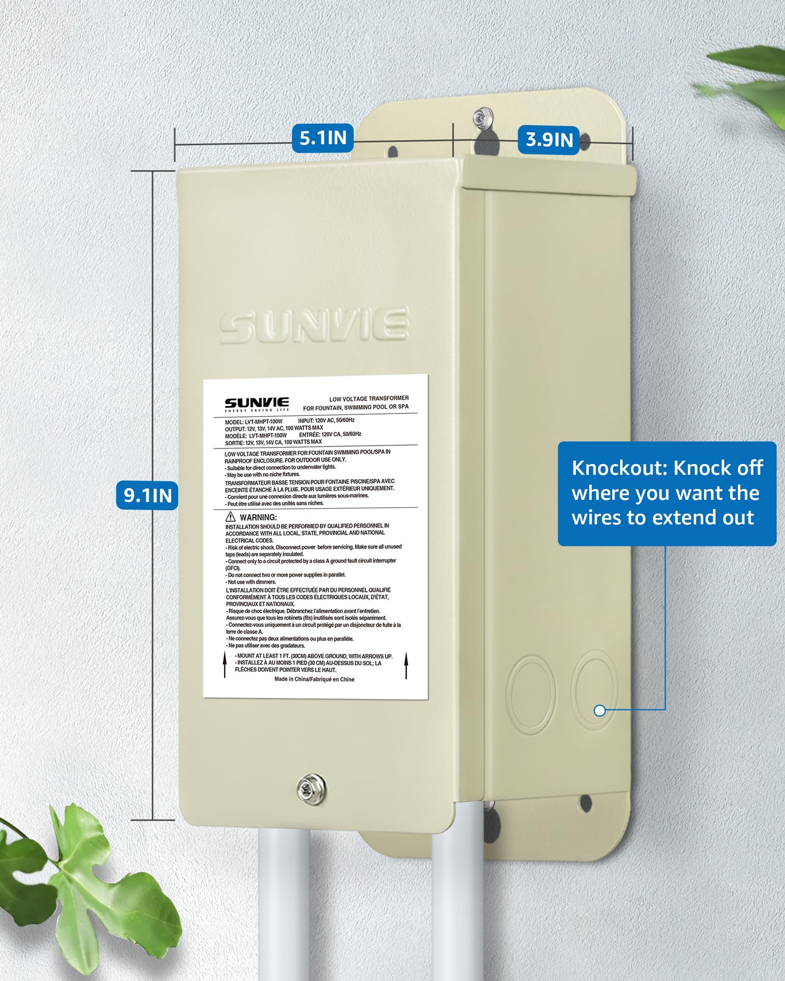 SUNVIE 100W Pool Light Transformer, 120V to 12V/13V/14V AC, Weatherproof, Stainless Steel, Beige, Model LVTPLT100W