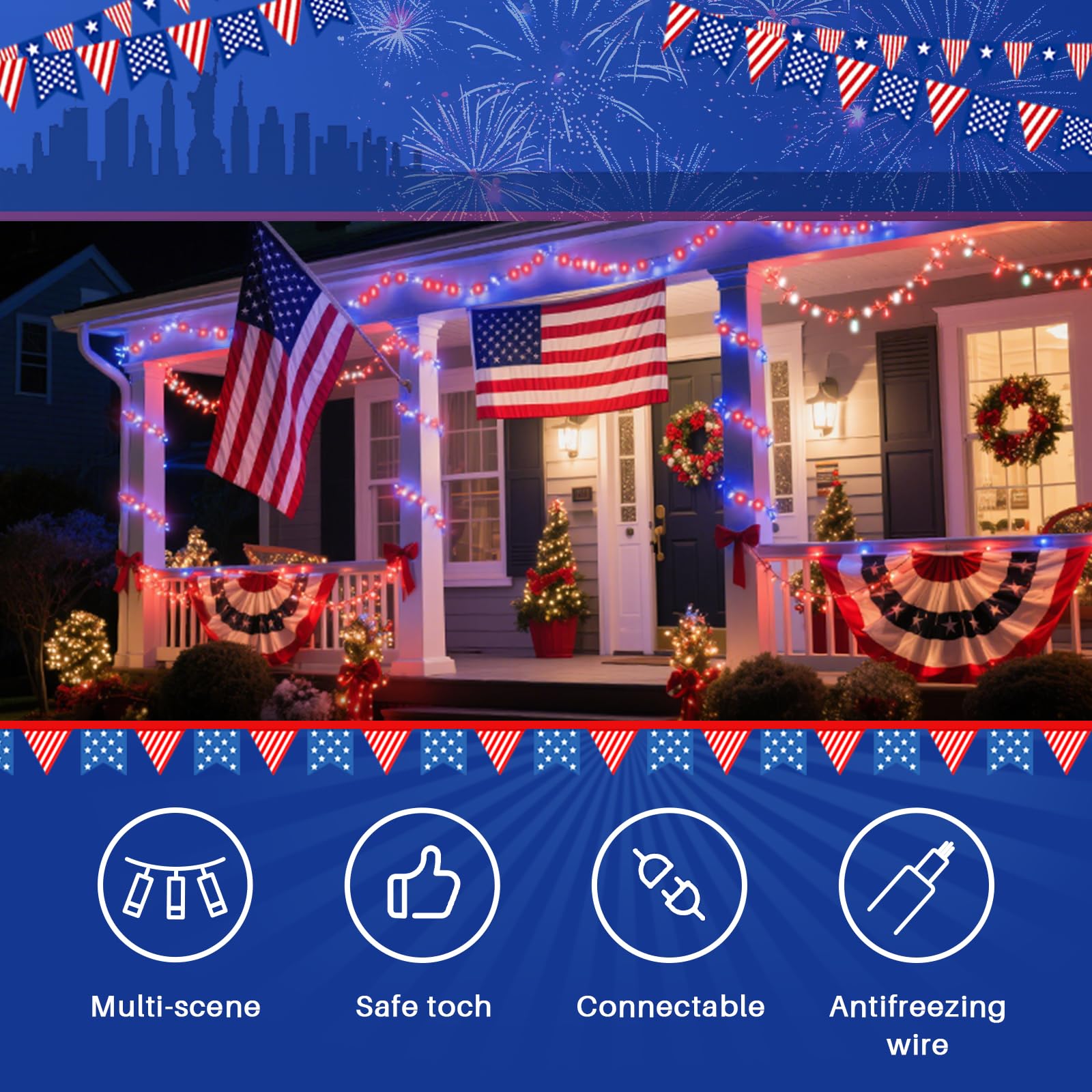 LAMPHOME 33ft String Lights, 100 LED Copper Mini Lights, Red White Blue, 11 Modes, Model YHLL-100F