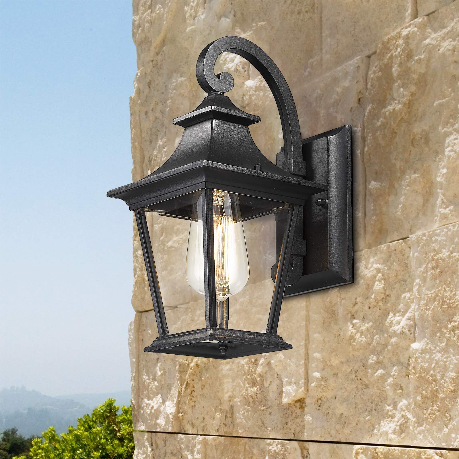 Emliviar Outdoor Wall Lights 2 Pack - Black Aluminum Porch Lights With Clear Glass