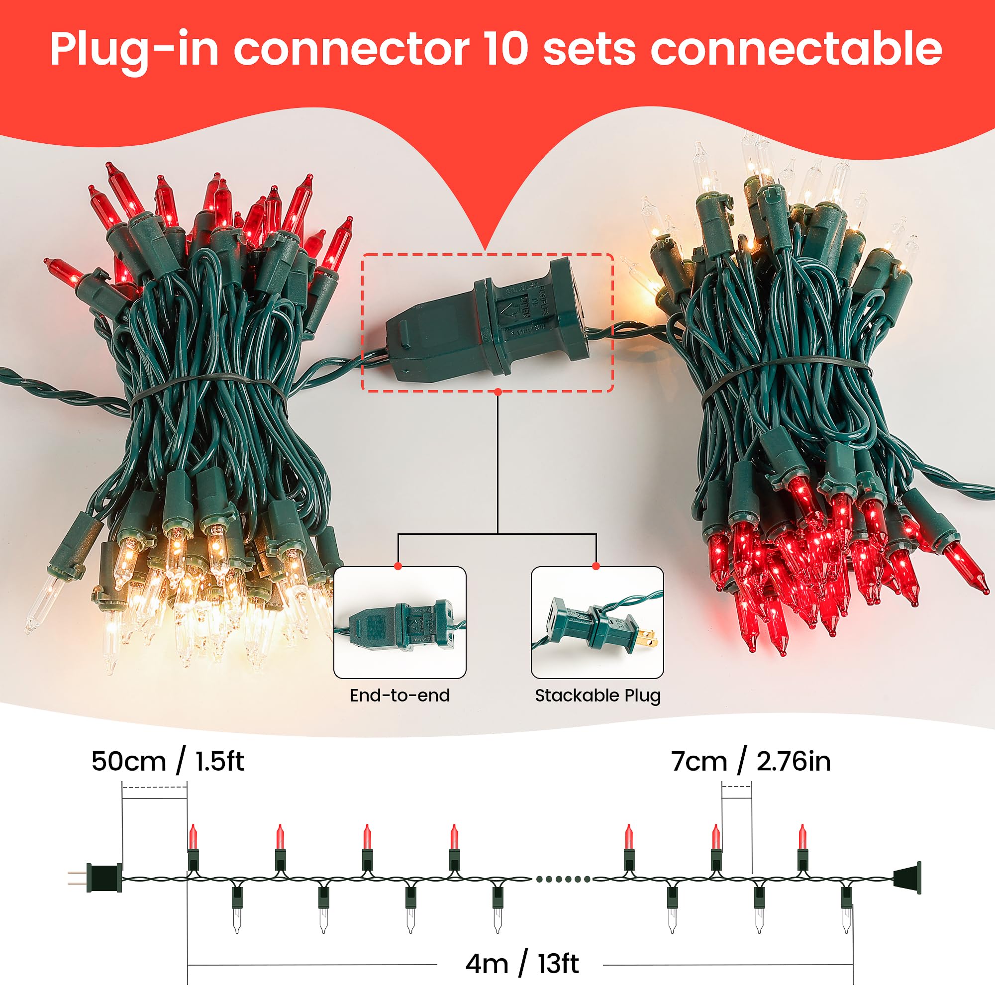 Woohaha Mini Christmas Lights 2 Pack 13Ft String Lights  120V Ul Plug Extendable Xmas Tree Lights For Christmas Patio Home Party Holiday Garden Indoor/Outdoor Decor(50 Count Red Clear)