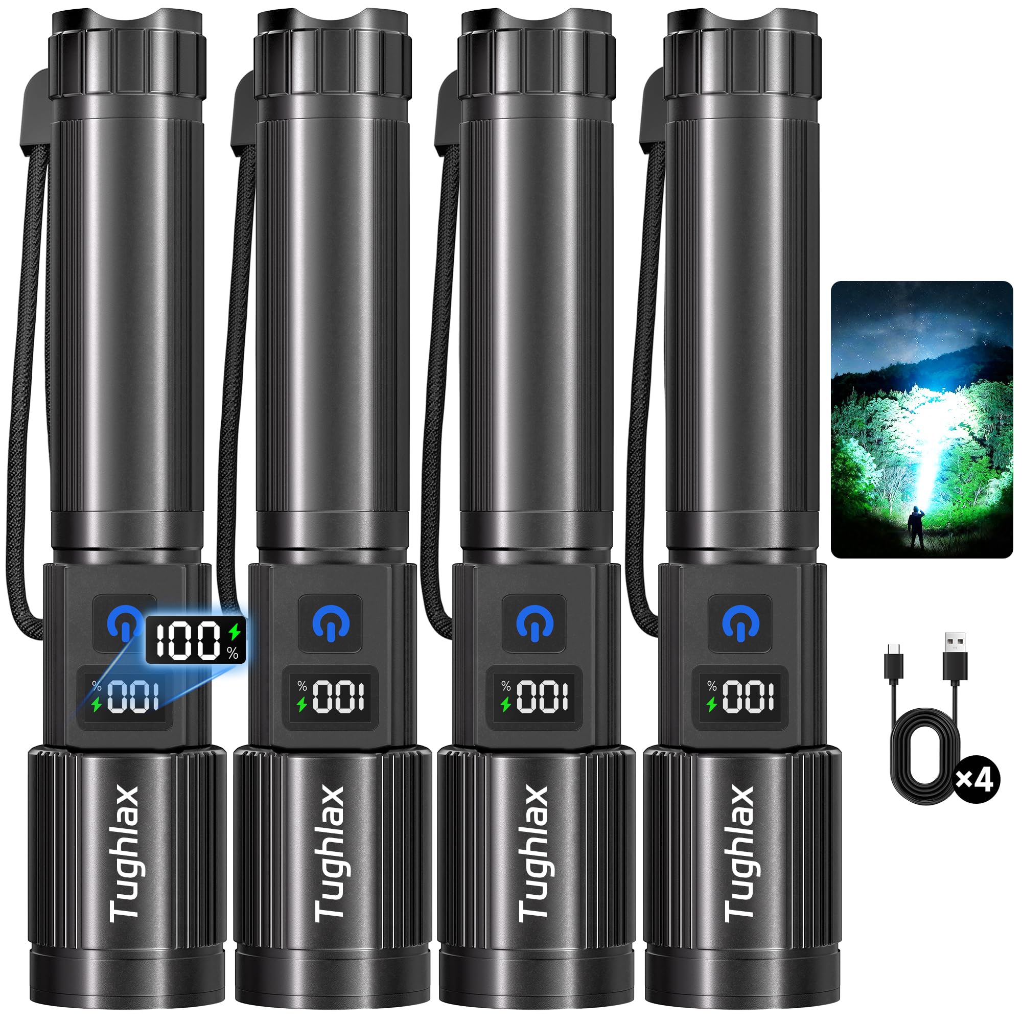 Tughlax 4Pack Rechargeable Flashlights High Lumens 10000LM  Super Bright Flashlight with LCD Digital Display  5 Modes Adjustable Flash Light  LED Flashlight Powerful  Tactical Flashlights for Home