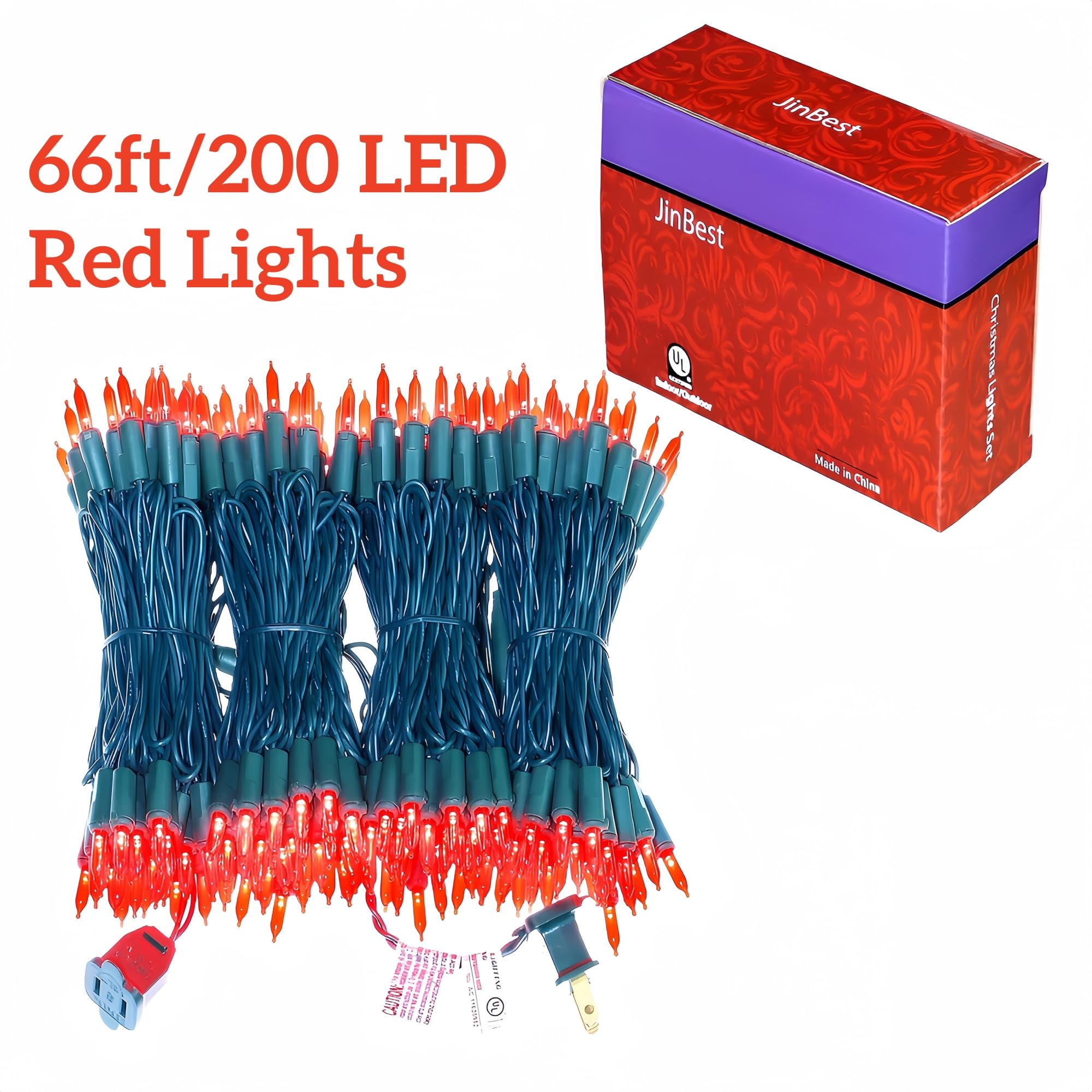 Jinbest 200 Led Red Christmas Lights, Ul Certified And Commercial Grade Decorative Lighting String Green Wire 66 Ft, For Indoor