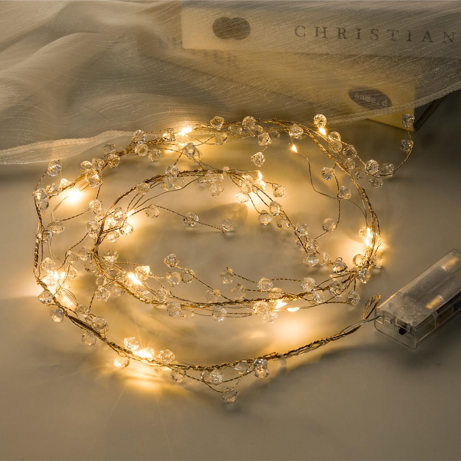 Diamond Beads String Strand with Fairy Lights Battery Operated - Clear Acrylic Crystal Bead Garland Short String Lights 3.94 Ft 