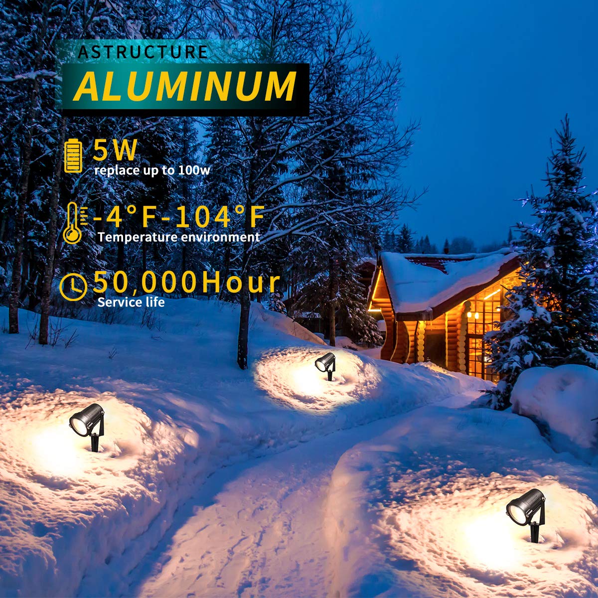 LEACOCO LED Landscape Lights - 5W Outdoor Spotlight, IP65 Waterproof, Pack of 4, Daylight White, Aluminum Material, UL Cord 5-ft with Plug