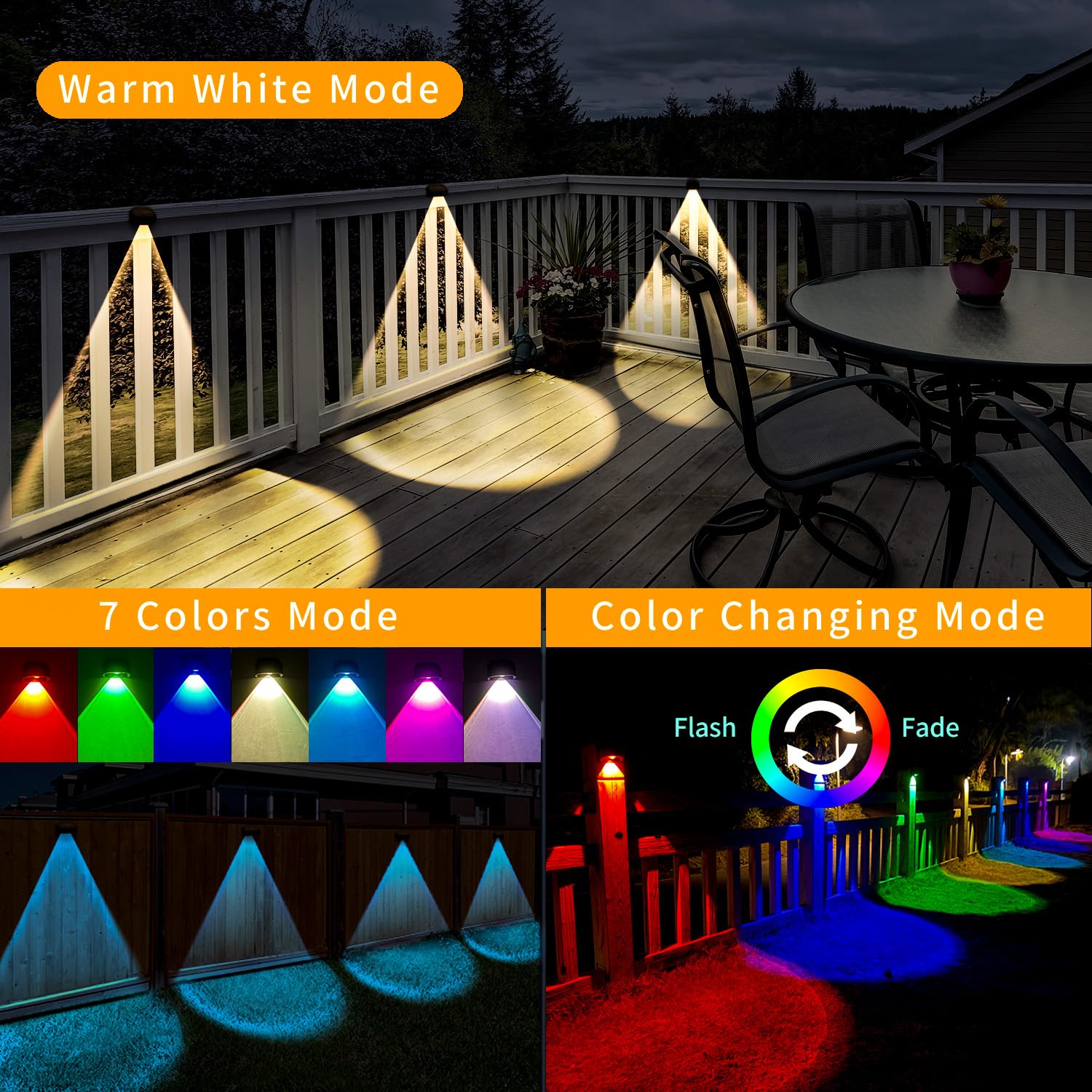 Solar Fence Lights Outdoor Waterproof, Outdoor Halloween Decorations Lights With Warm White & Rgb Modes, Outdoor Wall Light Fixtures For Backyard, Patio, Deck Railing, Pool, Wall (Wrgb 8 Pack)