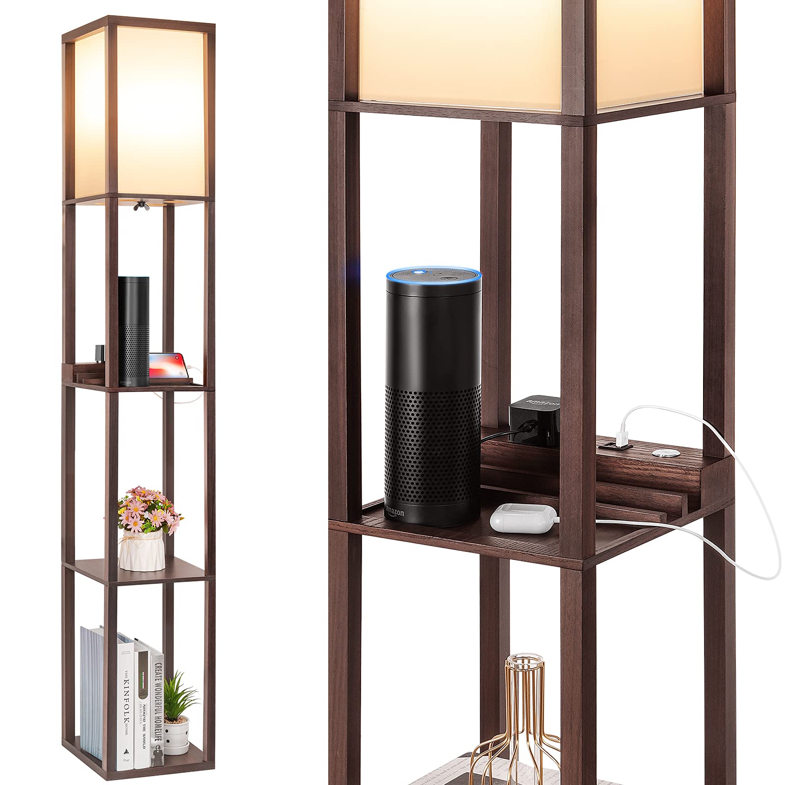 Folksmate Touch Control Shelf Led Floor Lamp With Shelves, Fast Charging Usb Ports,Type C Port And Power Outlet, Modern Dimmable