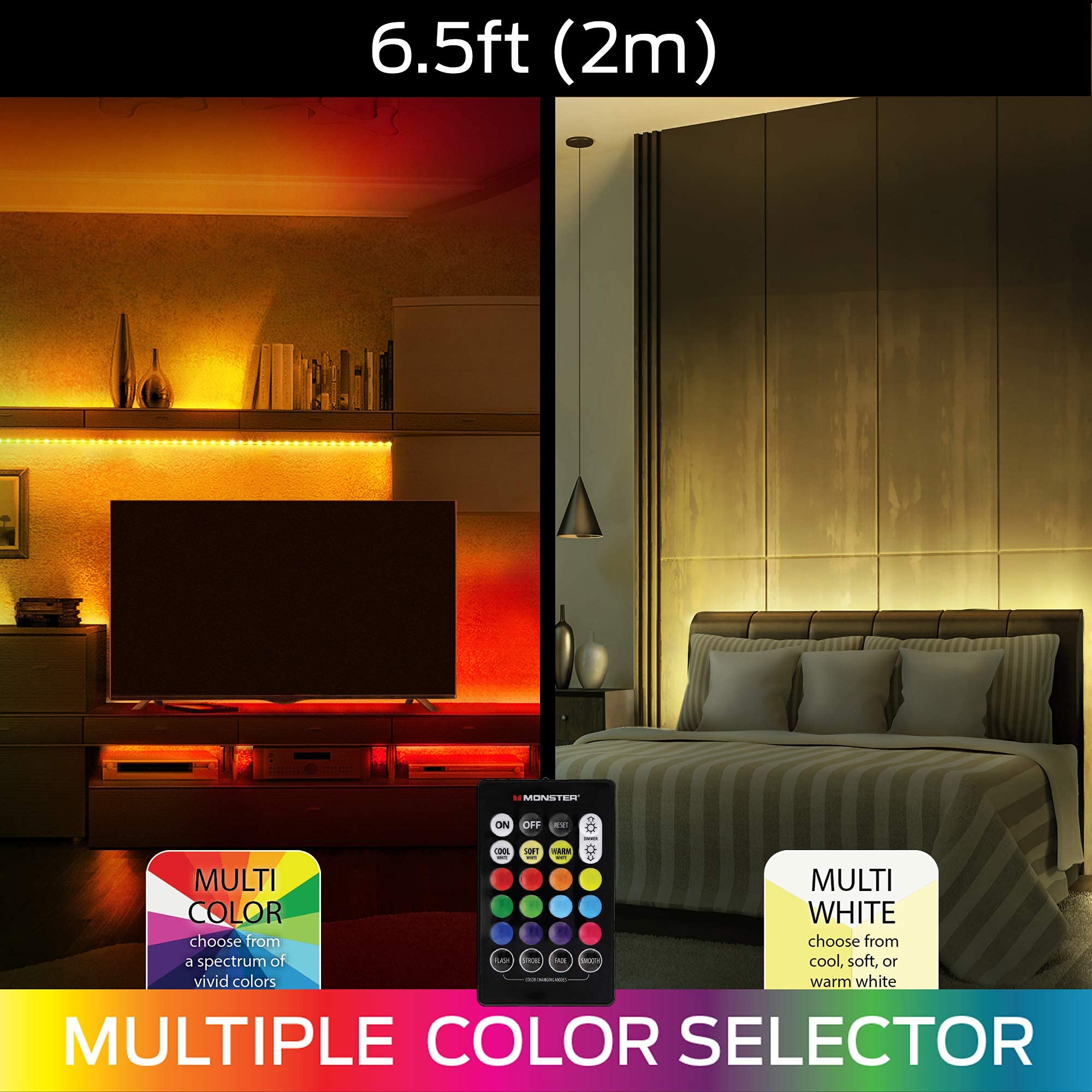 Monster LED Light Strip, 6.5 ft, Multi-Color & Multi-White, Customizable, Flexible, Remote Control - Home Decoration for Any Room