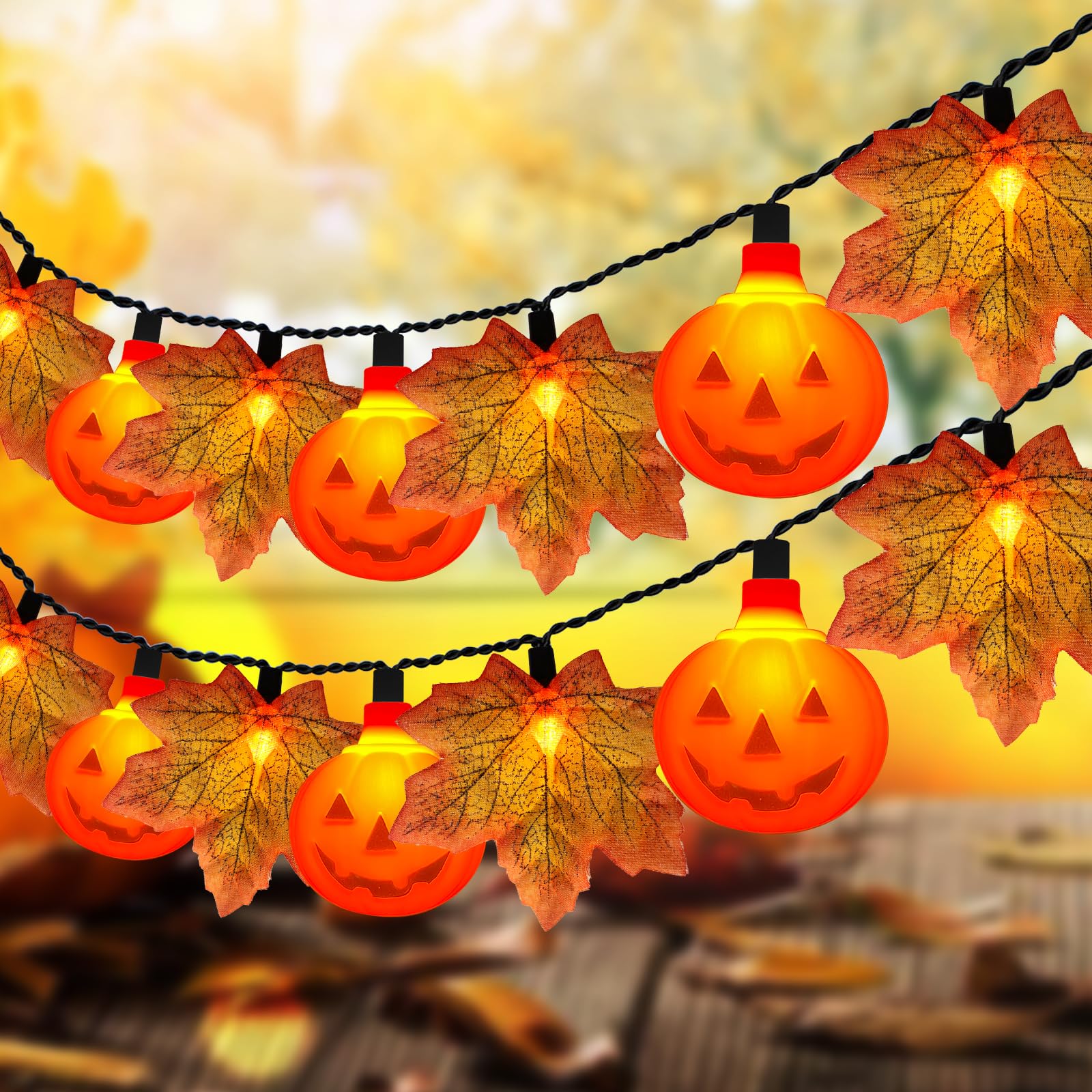 Thanksgiving Day Red Maple Leaf with Pumpkin LED Lights, 13.5FT Plug in Autumn Fall Light with 35 Mini LED Bulbs for Thanksgivin