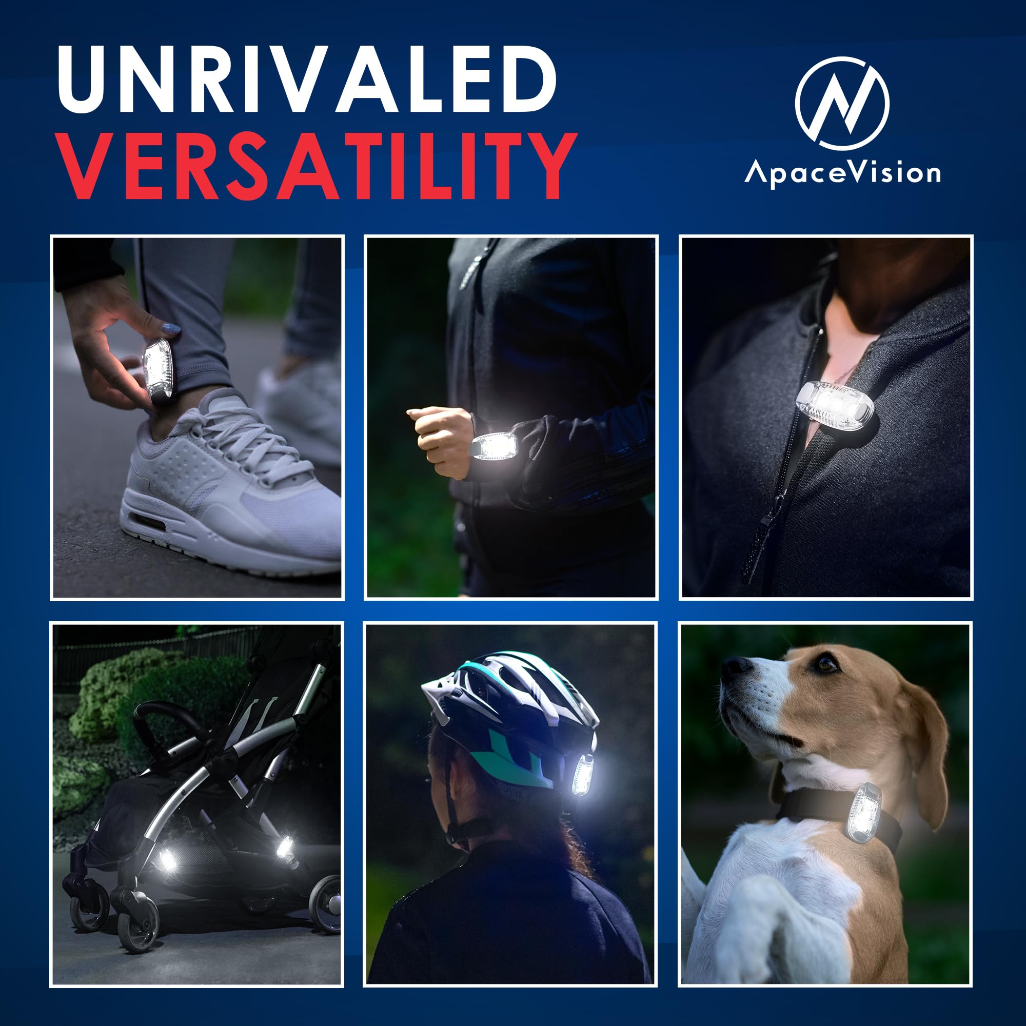 Apace Vision LED Safety Light (2 Pack) - Clip On Strobe Running Lights for Runners, Dog, Bike, High Visibility, White, Model AVSL1000