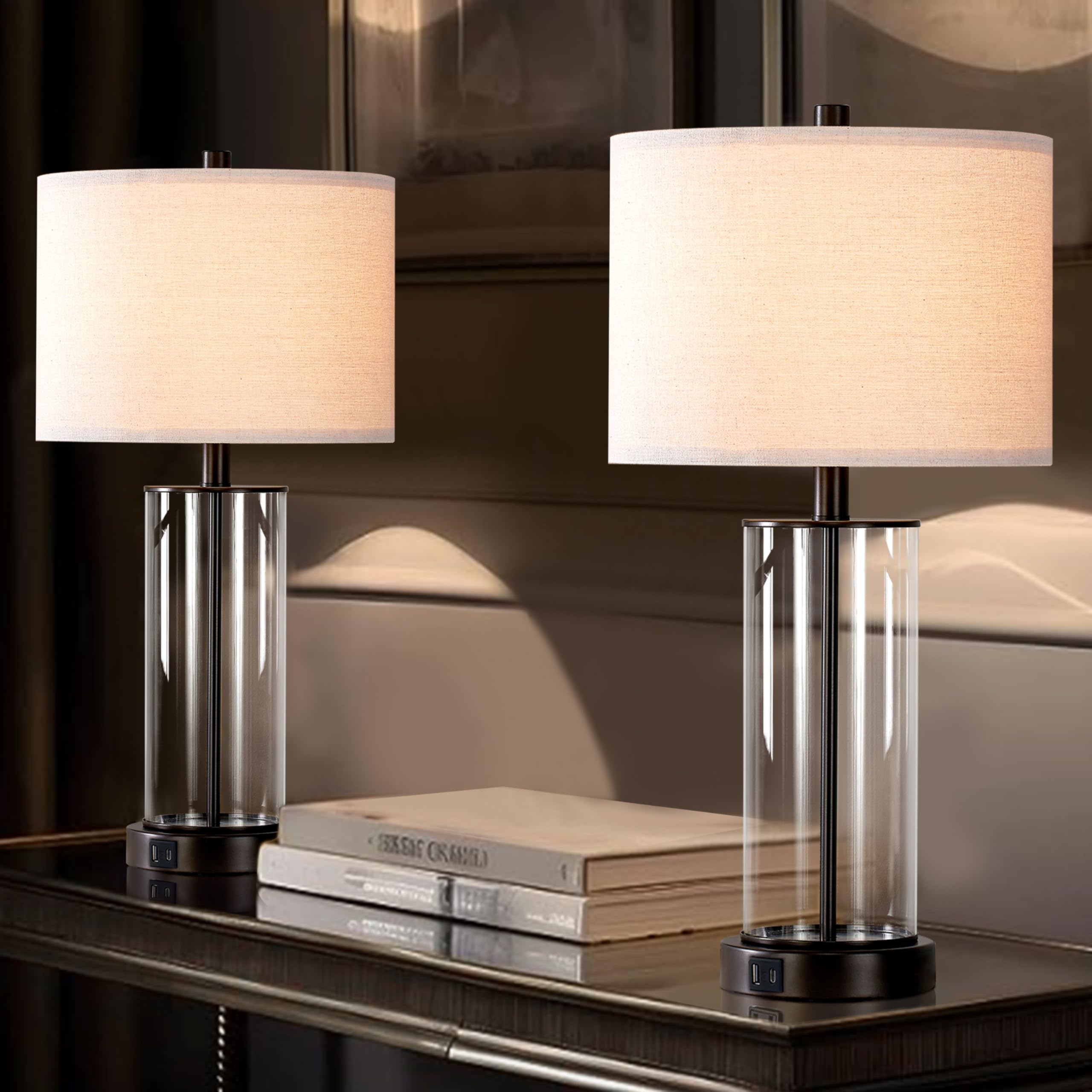 Kyrid 23.5'' Glass Table Lamp Set Of 2 For Living Room With Usb Ports And Ac Outlets(Bulbs Included)