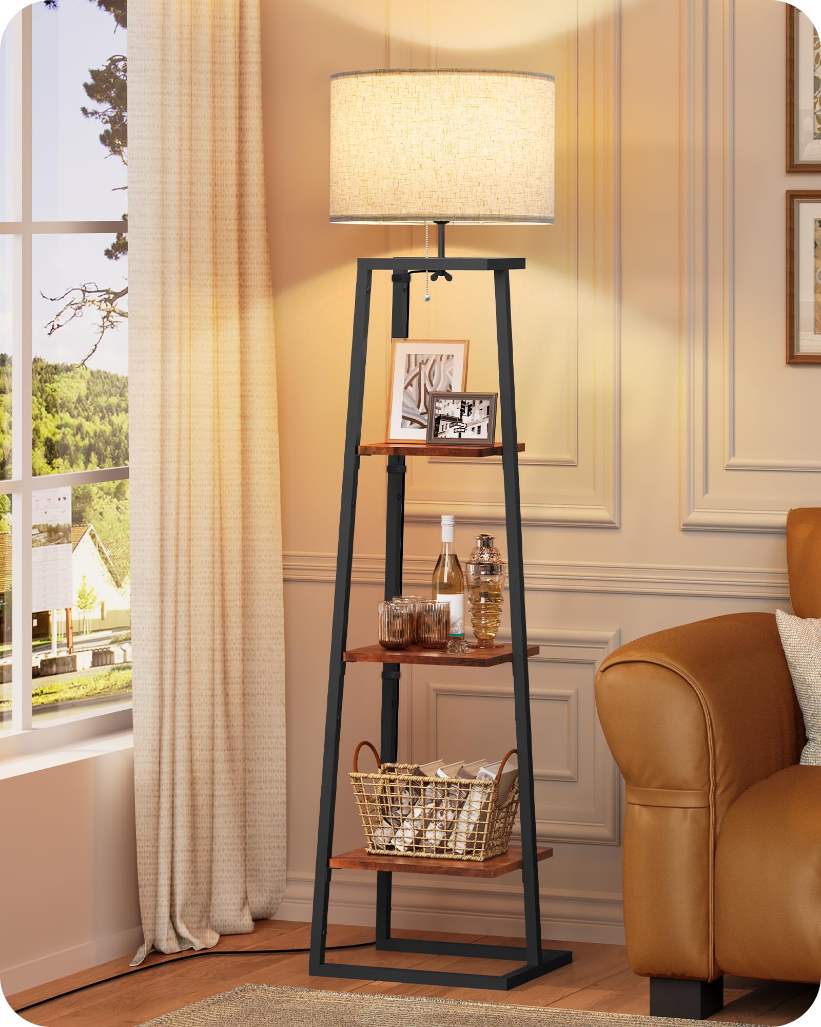 GOEBLESON Floor Lamp with 3Tier Storage Shelves, Standing Floor Lamp with Pull Chain Switch, Shelf Floor Lamp for Living Room, 