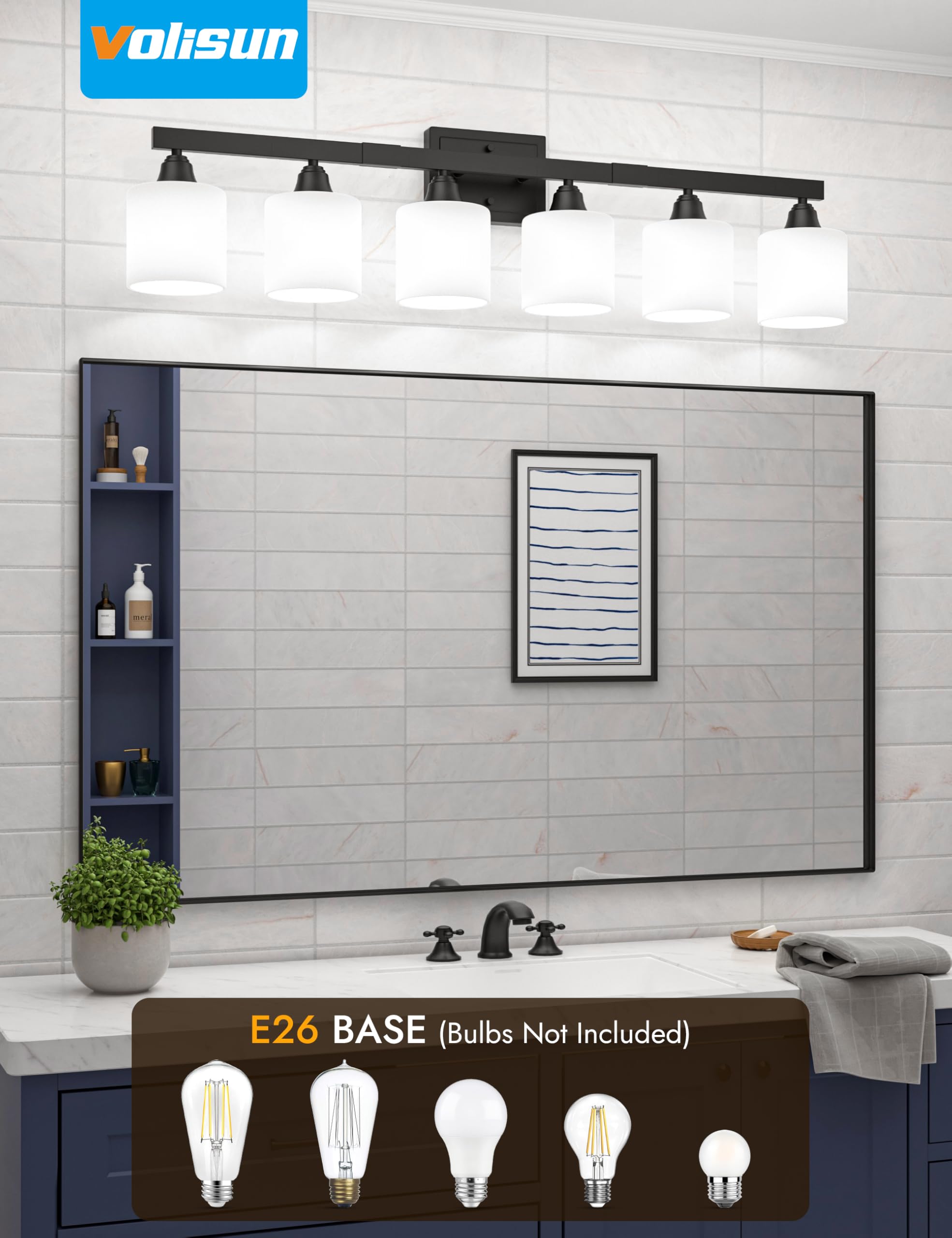 VOLISUN 6-Light Bathroom Vanity Light Fixture, Matte Black Metal, Frosted Glass Shades, Model SW016W